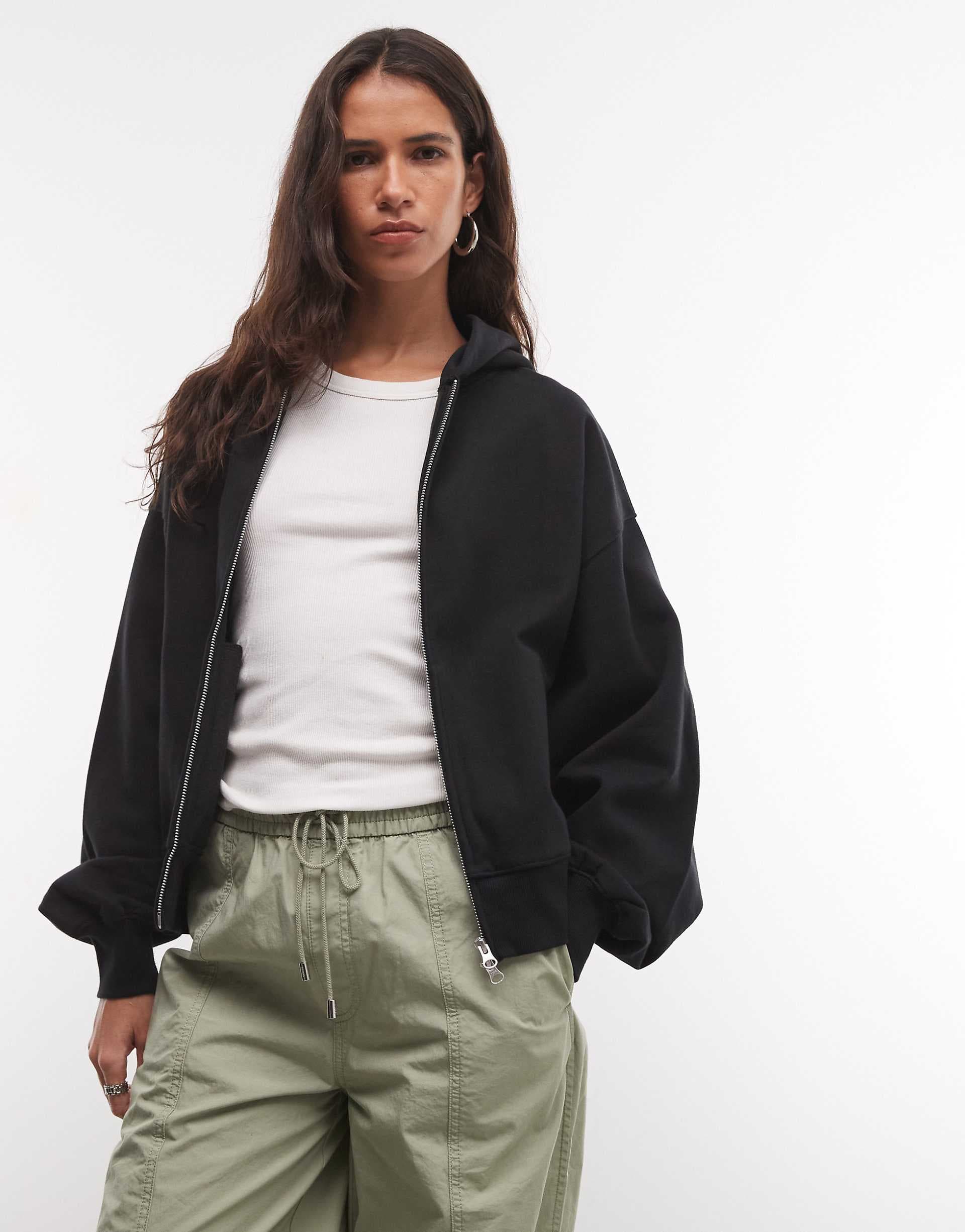 COLLUSION zip through boxy hoodie in black