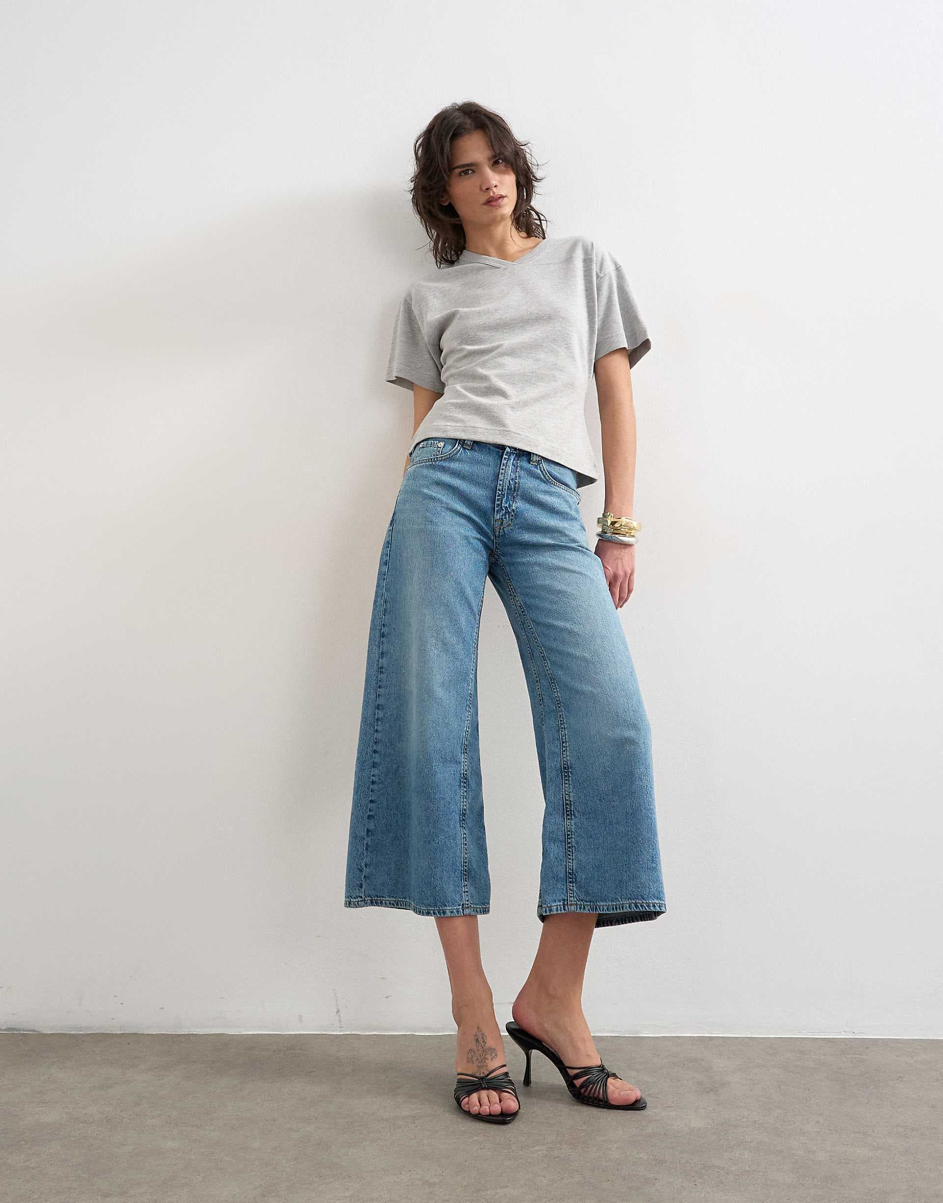 Topshop light weight wide crop jeans in bleach