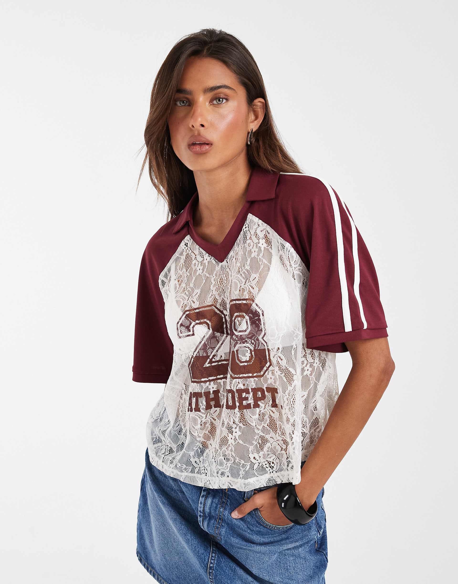 ASOS DESIGN boxy cropped lace soccer shirt in burgundy
