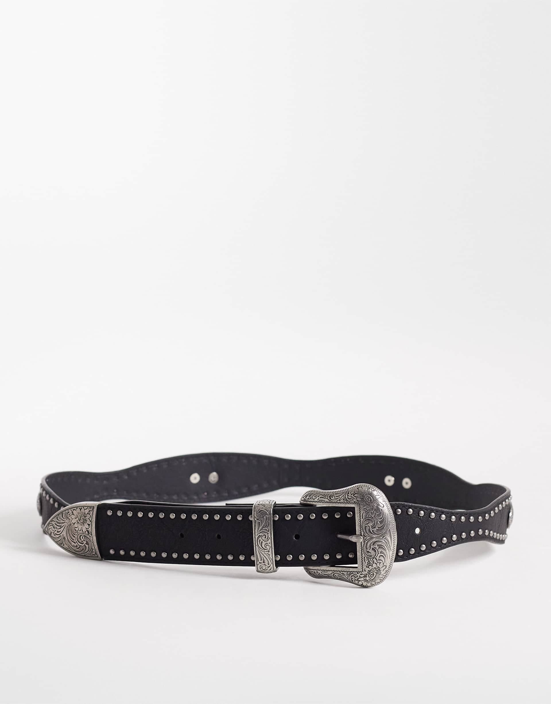 ASOS DESIGN faux leather studded western belt with engraved-texture silver-tone buckle in black