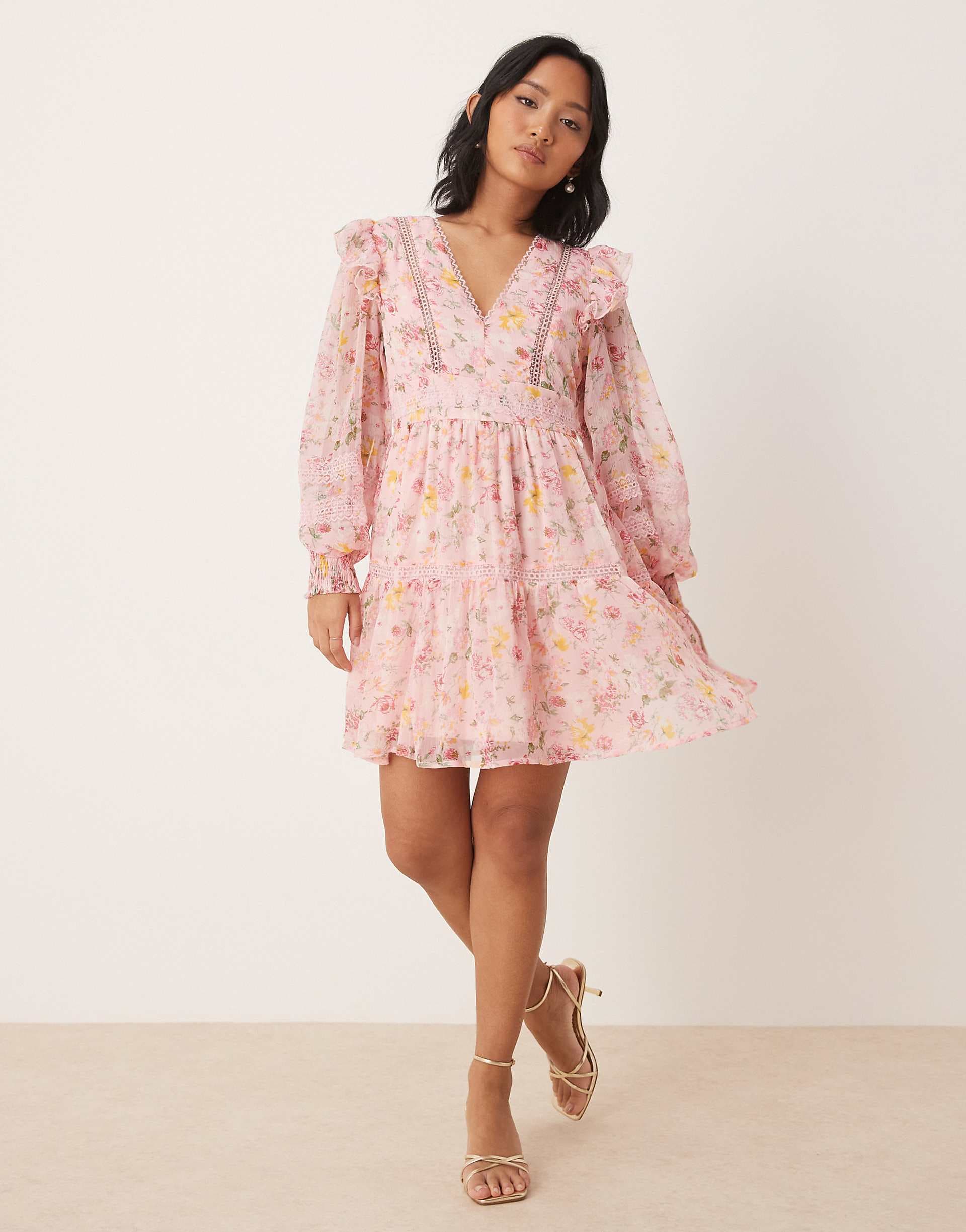 VILA Petite ladder lace frill detail mini dress in peach floral print