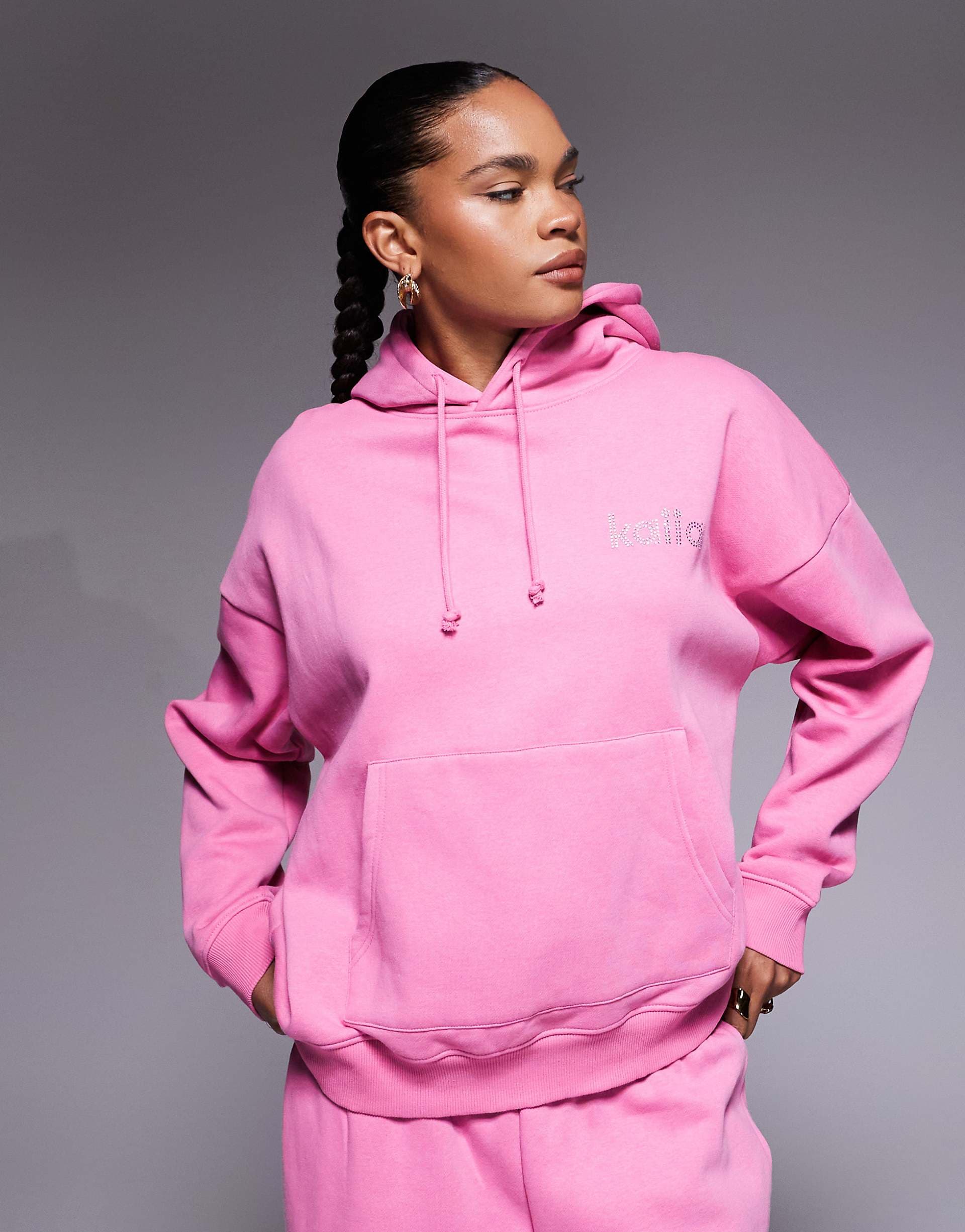 Kaiia exclusive cotton rich diamante logo oversized hoodie in hot pink - part of a set