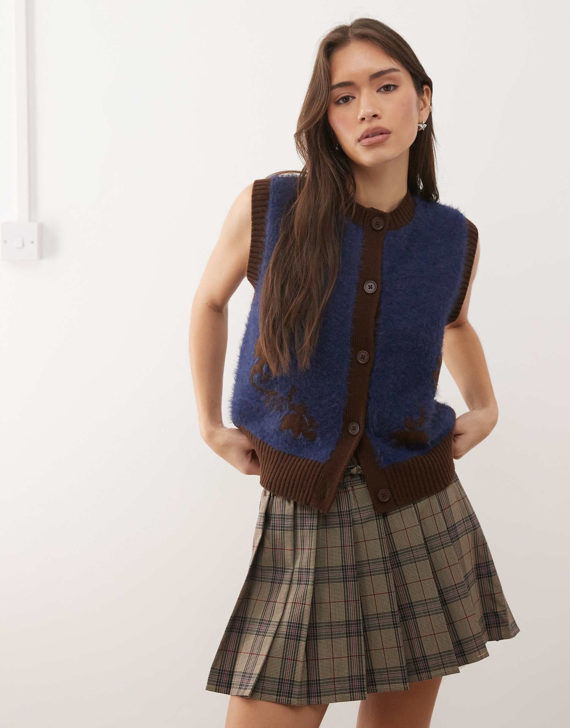 Reclaimed Vintage button through tank with floral print in navy and brown