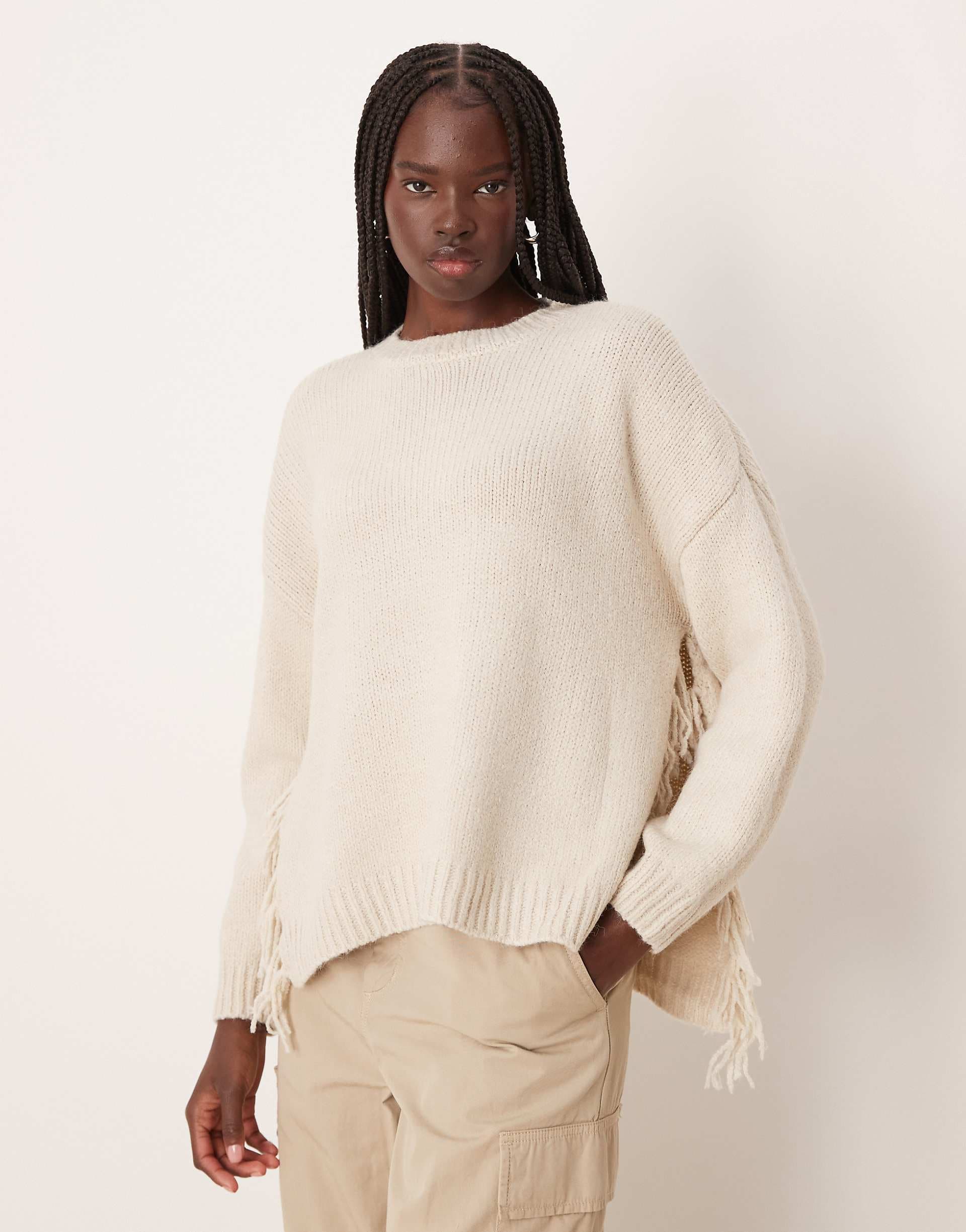 VILA fringe detail knit sweater in cream