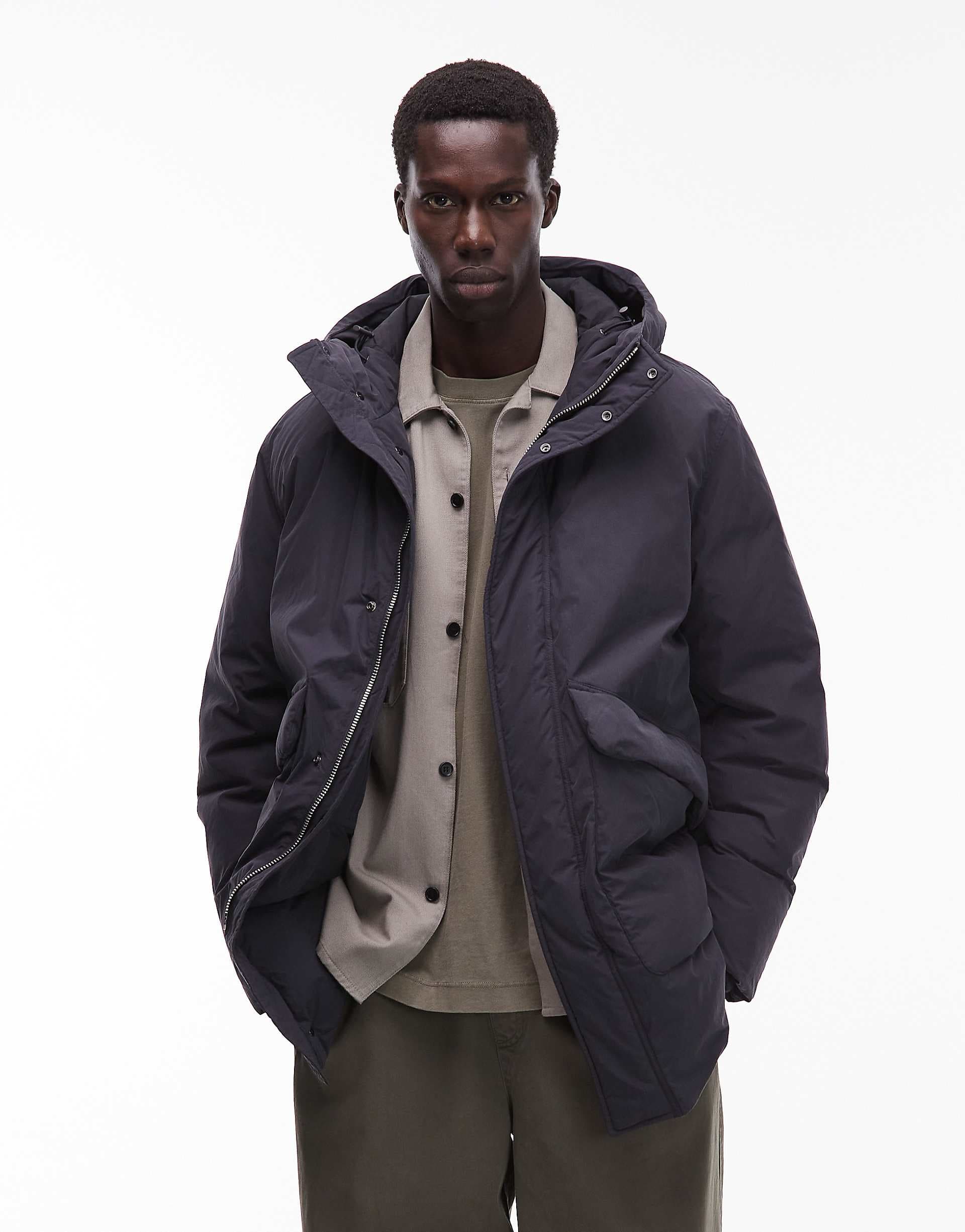 ARKET minimal down hooded padded jacket in navy