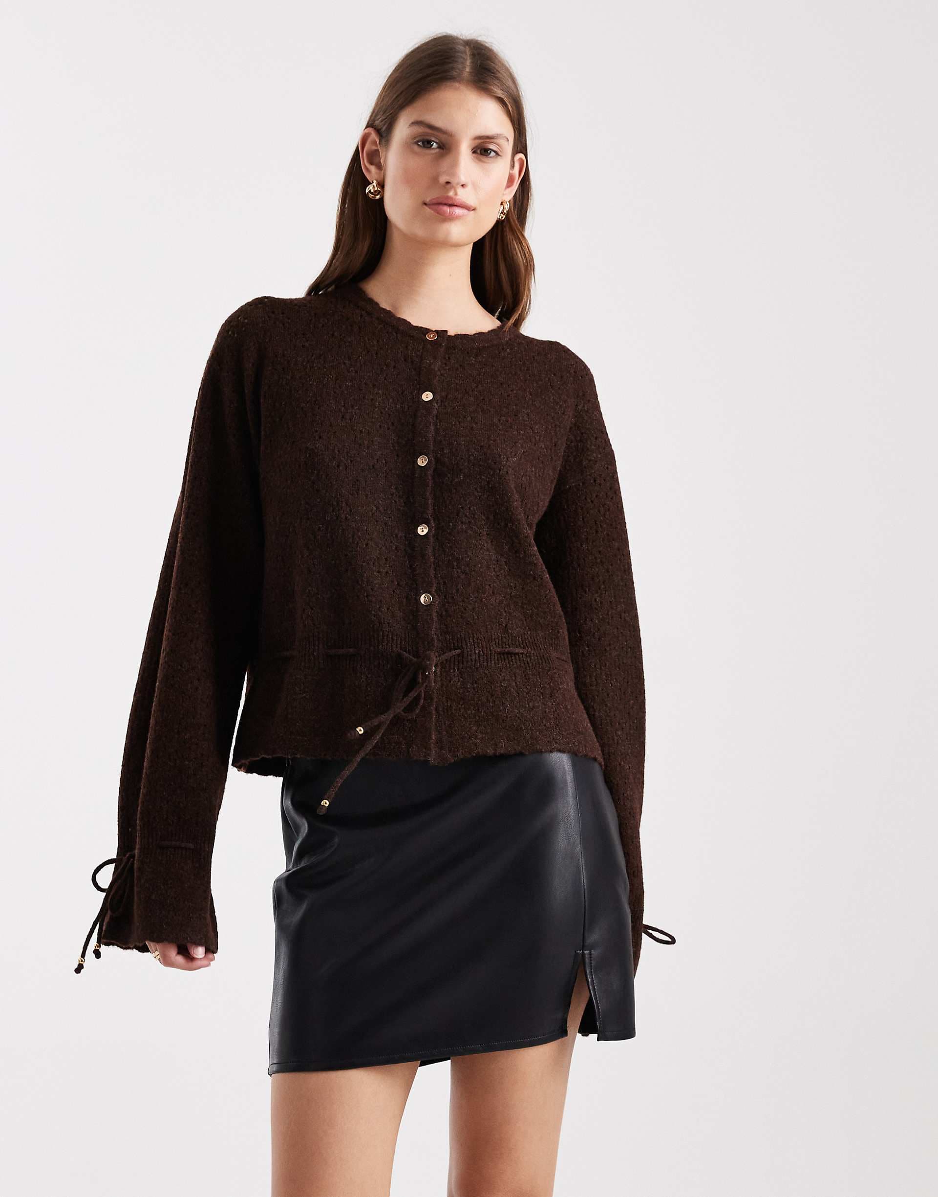 Miss Selfridge cozy peplum hem cardigan in chocolate