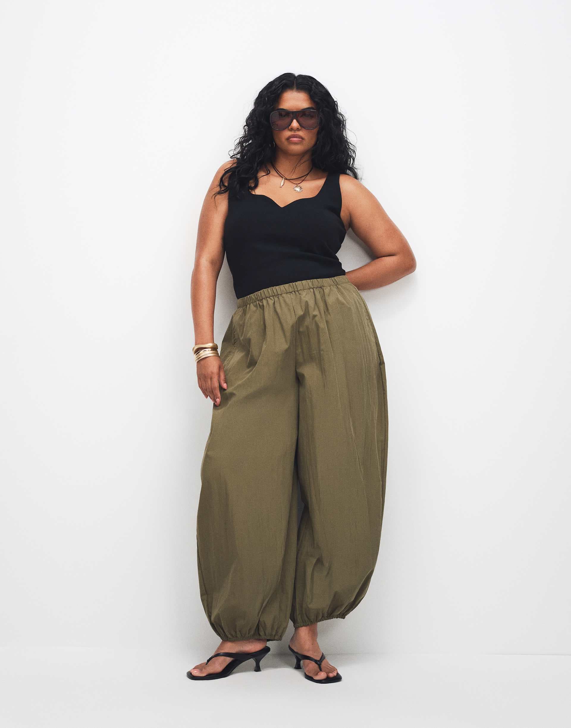 ASOS DESIGN Curve cotton nylon blend pull on balloon pants in khaki green