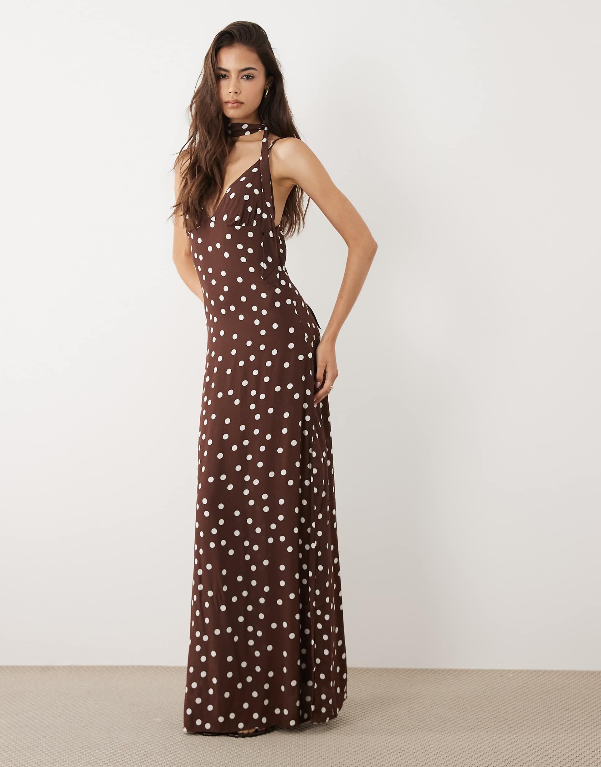 Vero Moda Tall cami maxi dress with scarf neck detail in chocolate polka-dot print