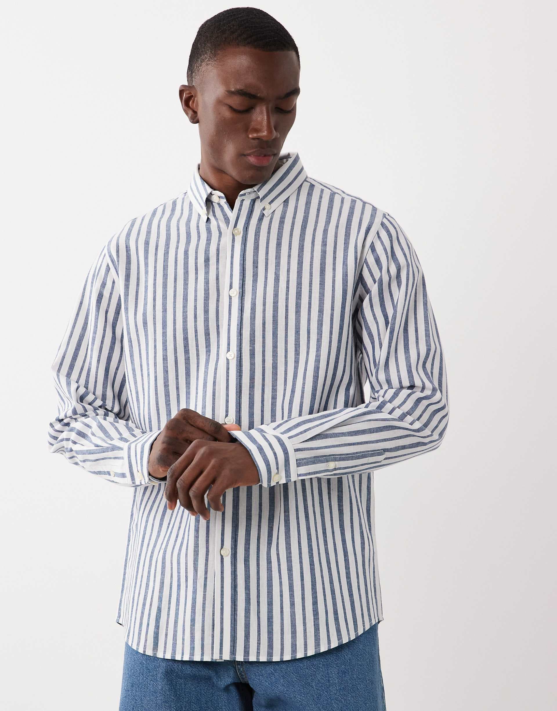 Threadbare long sleeve shirt in white and blue stripes