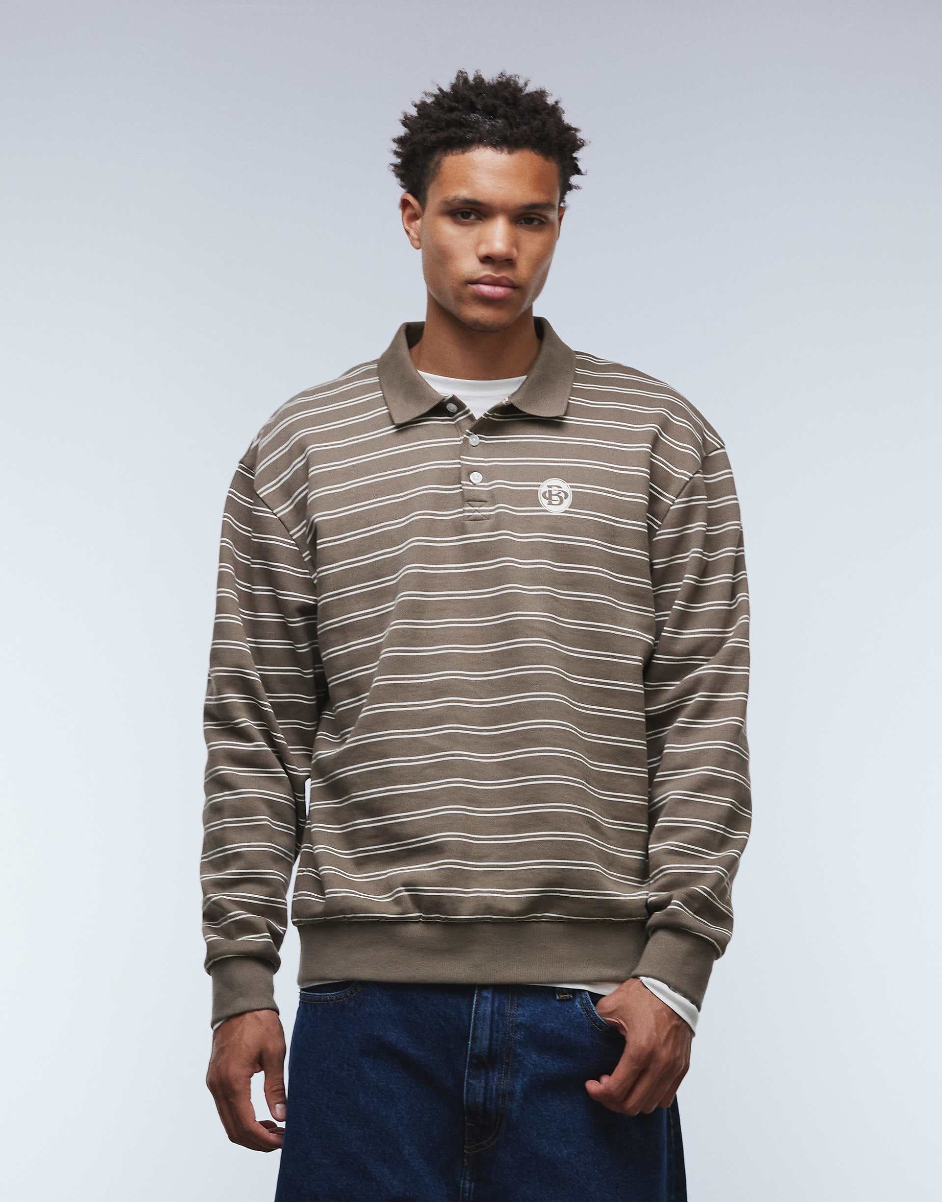 ASOS DESIGN polo sweatshirt with printed stripe in gray