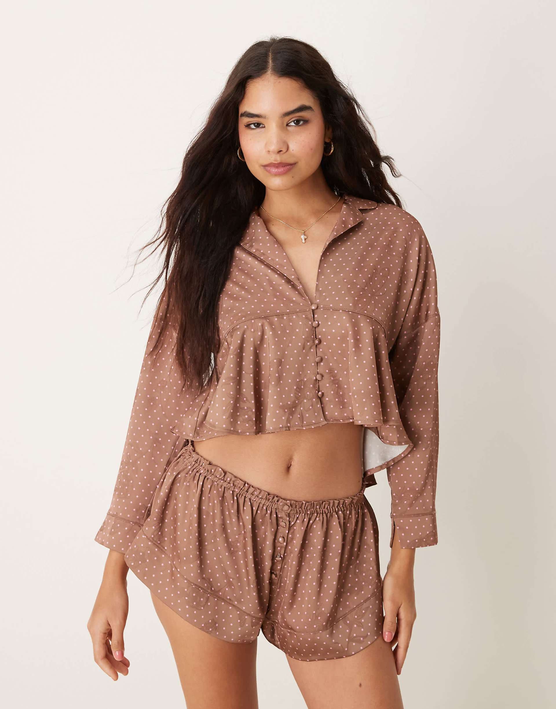 Free People polka dot satin pajama set in brown