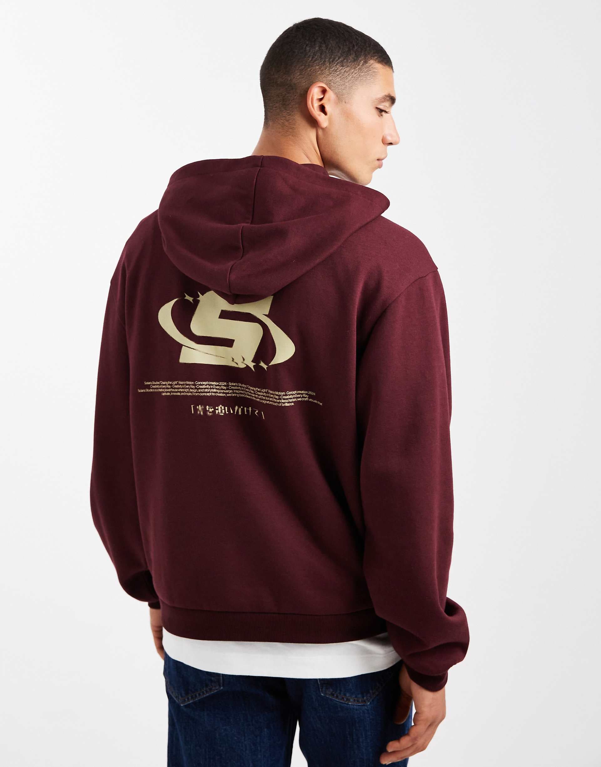 ASOS DESIGN relaxed boxy hoodie with back print in burgundy