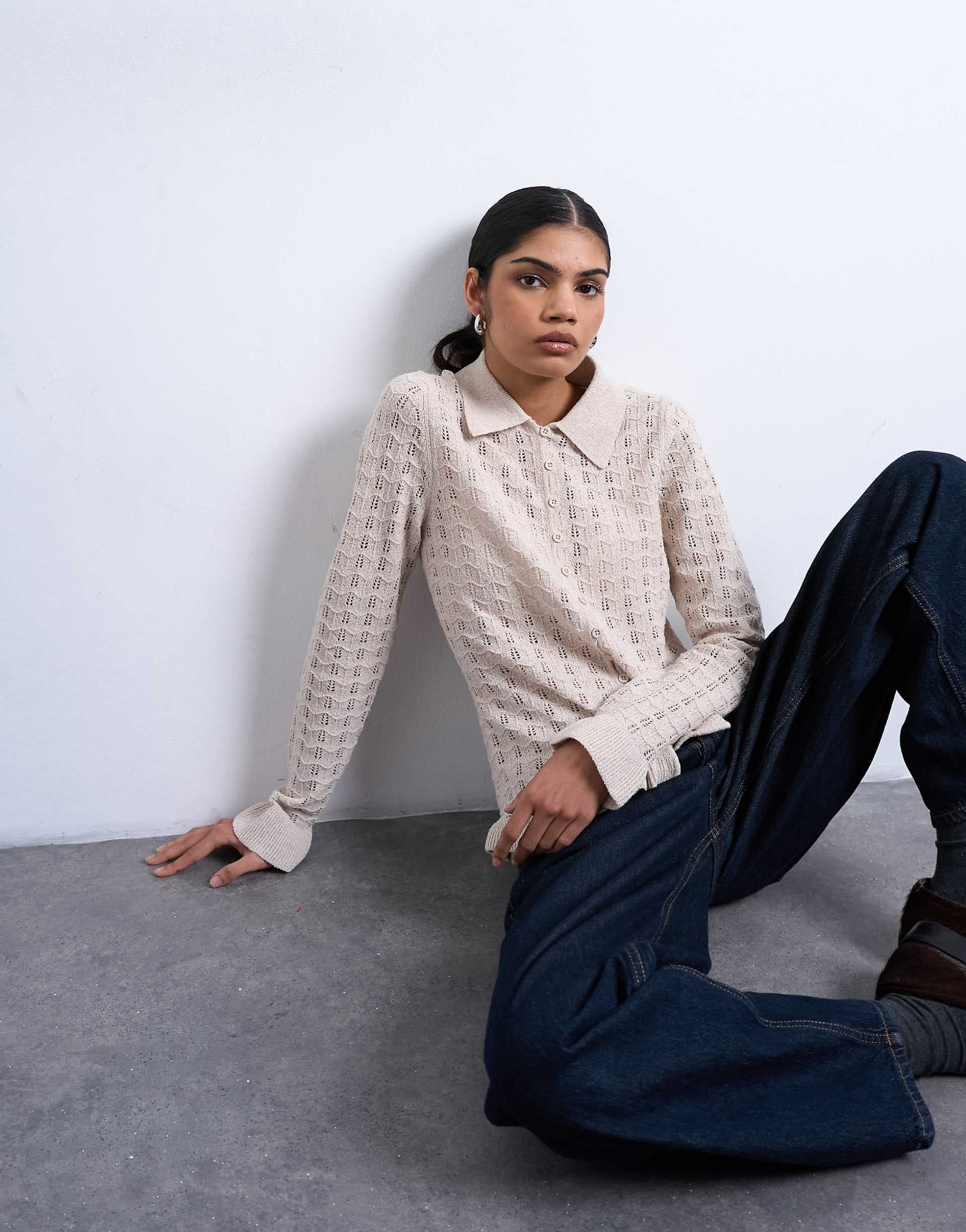 Topshop knit button up frill top in oat