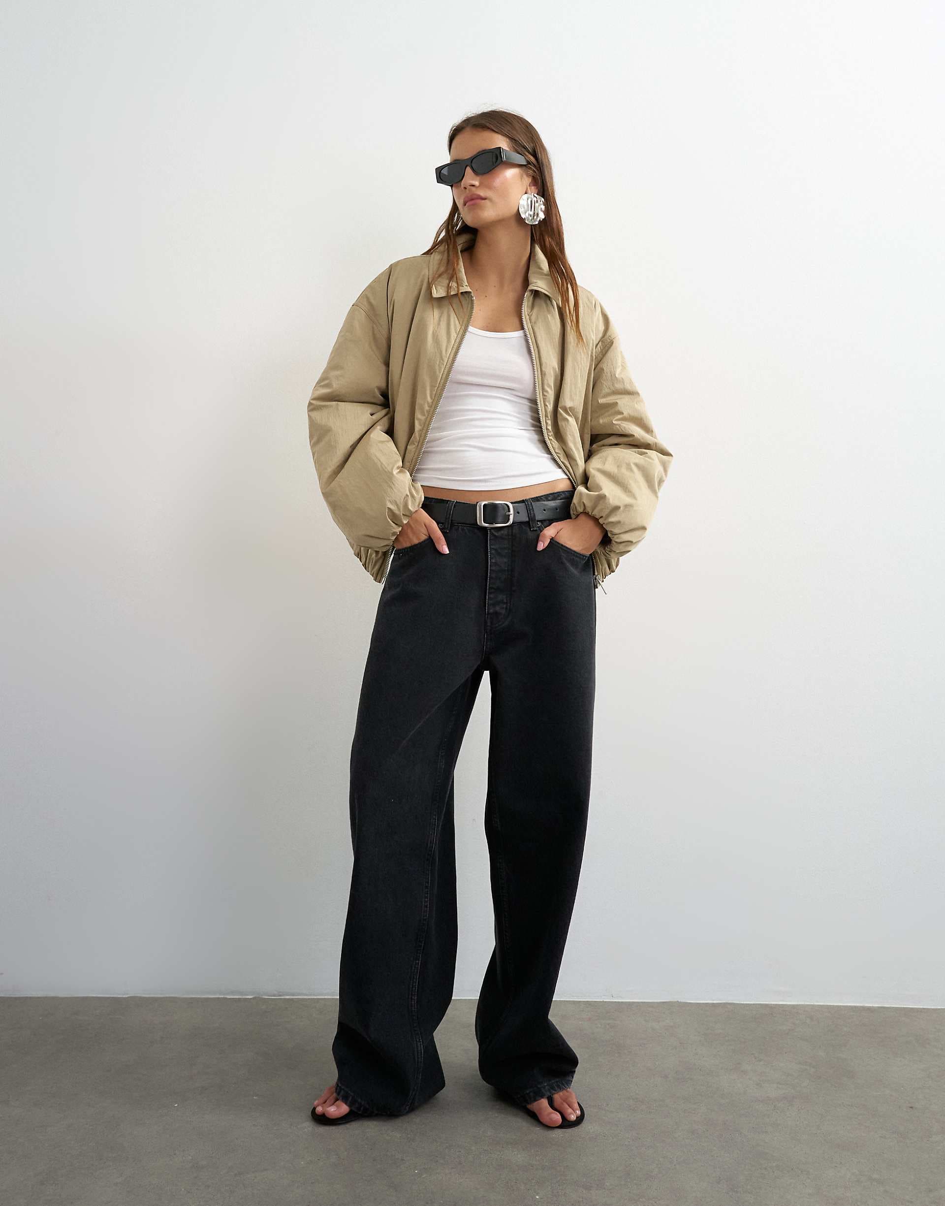 Topshop nylon bomber jacket in stone