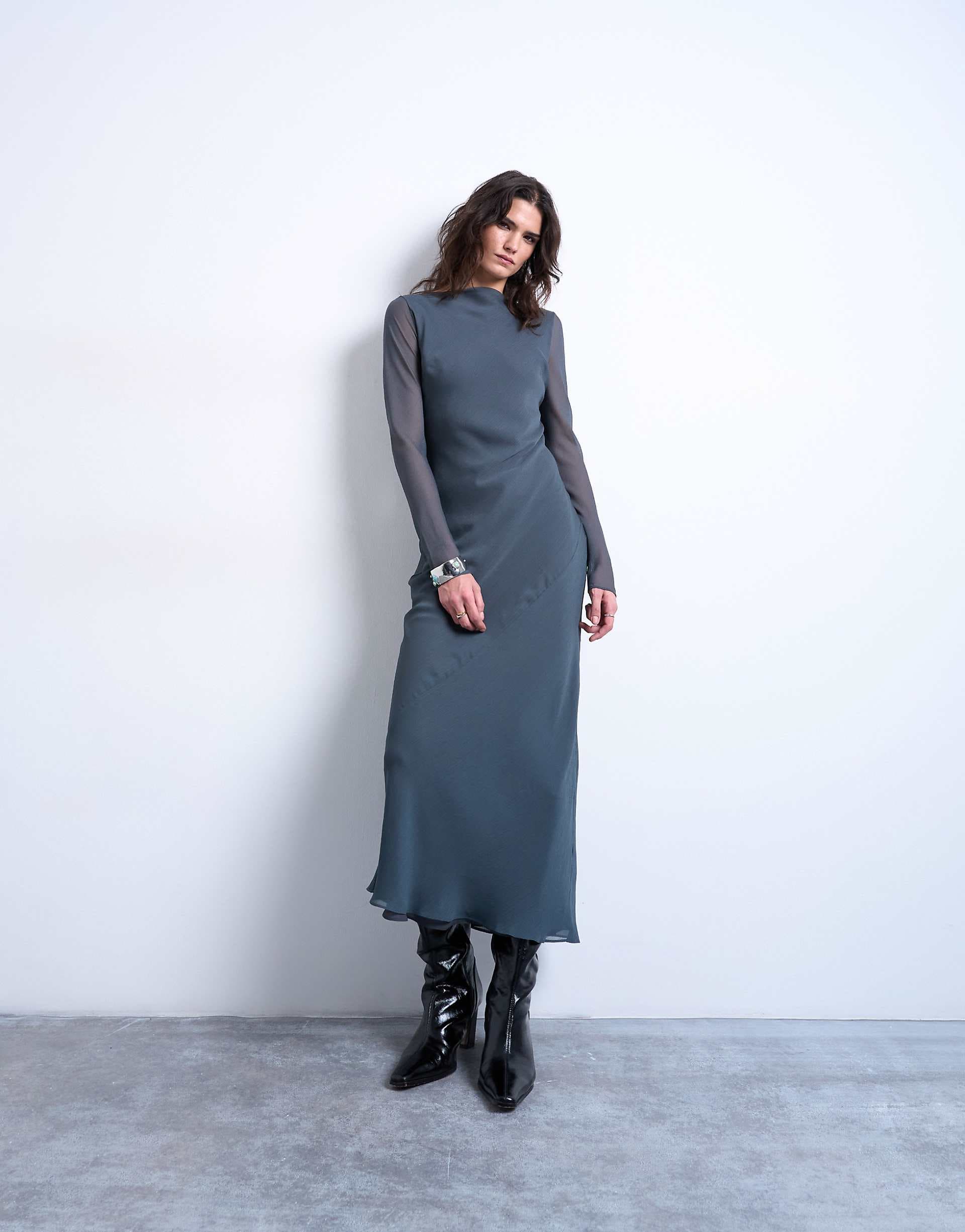 Topshop slash neck chiffon maxi dress in petrol