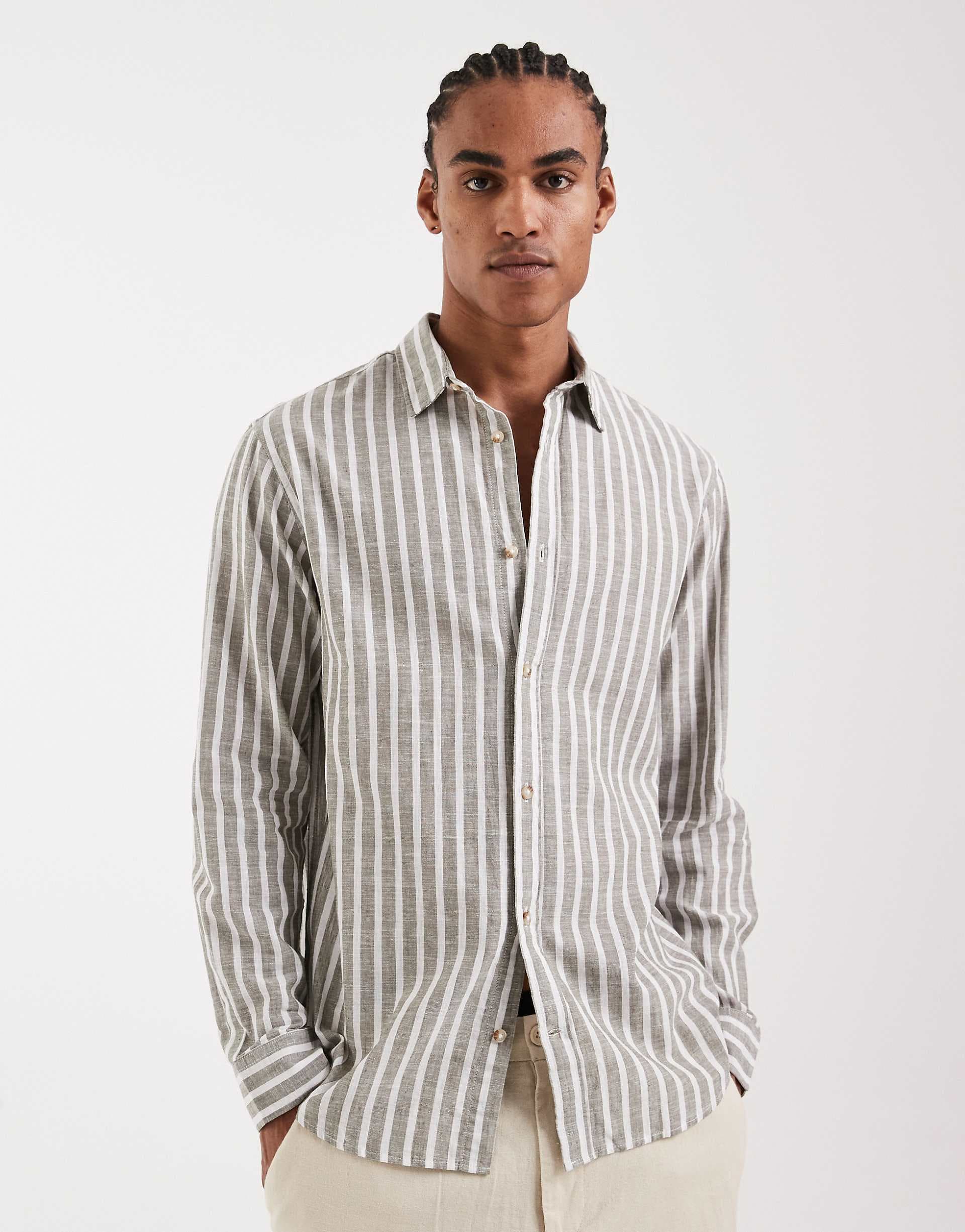 Jack & Jones linen blend stripe shirt in light brown