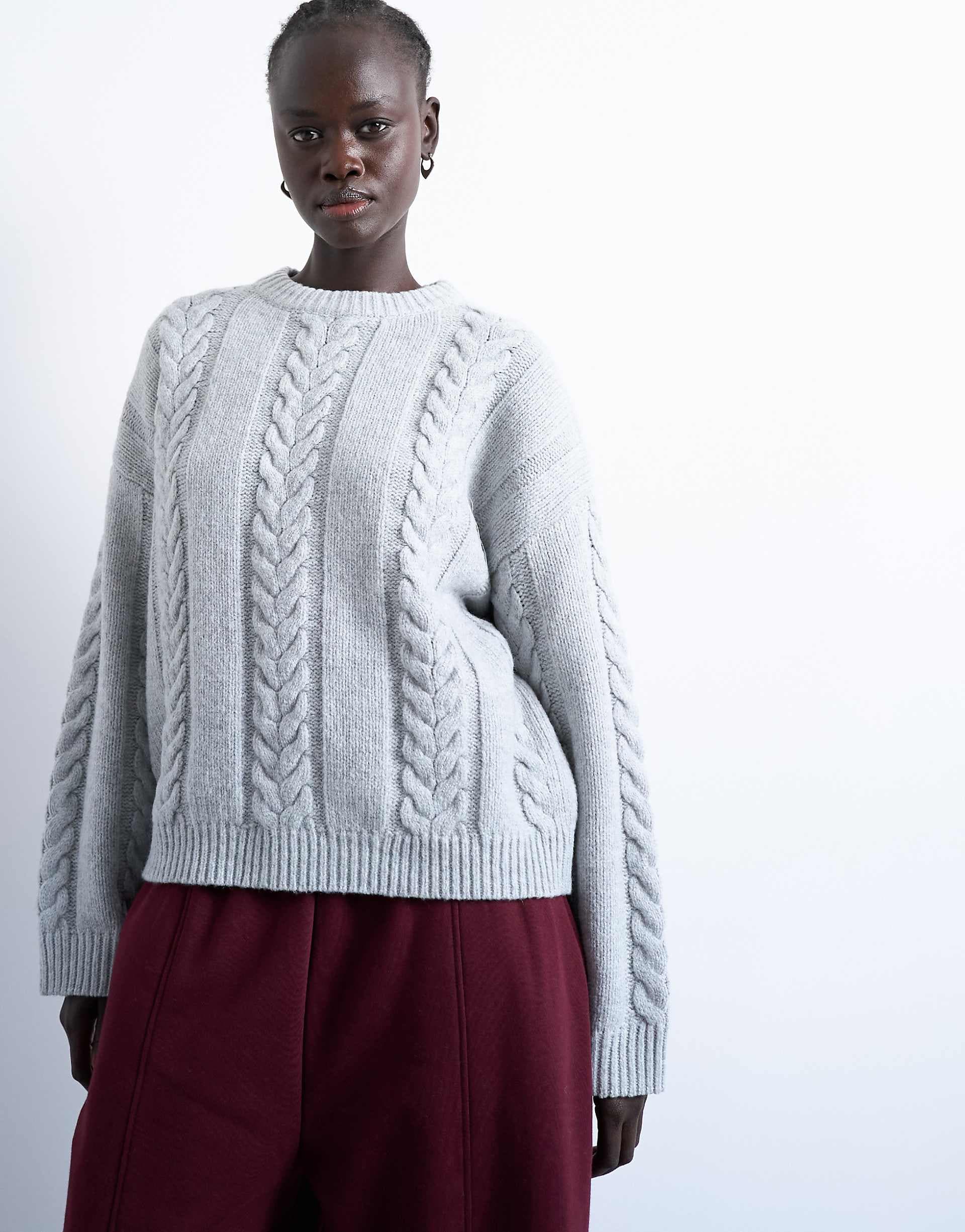 Topshop oversized cable and wide rib knit sweater in gray