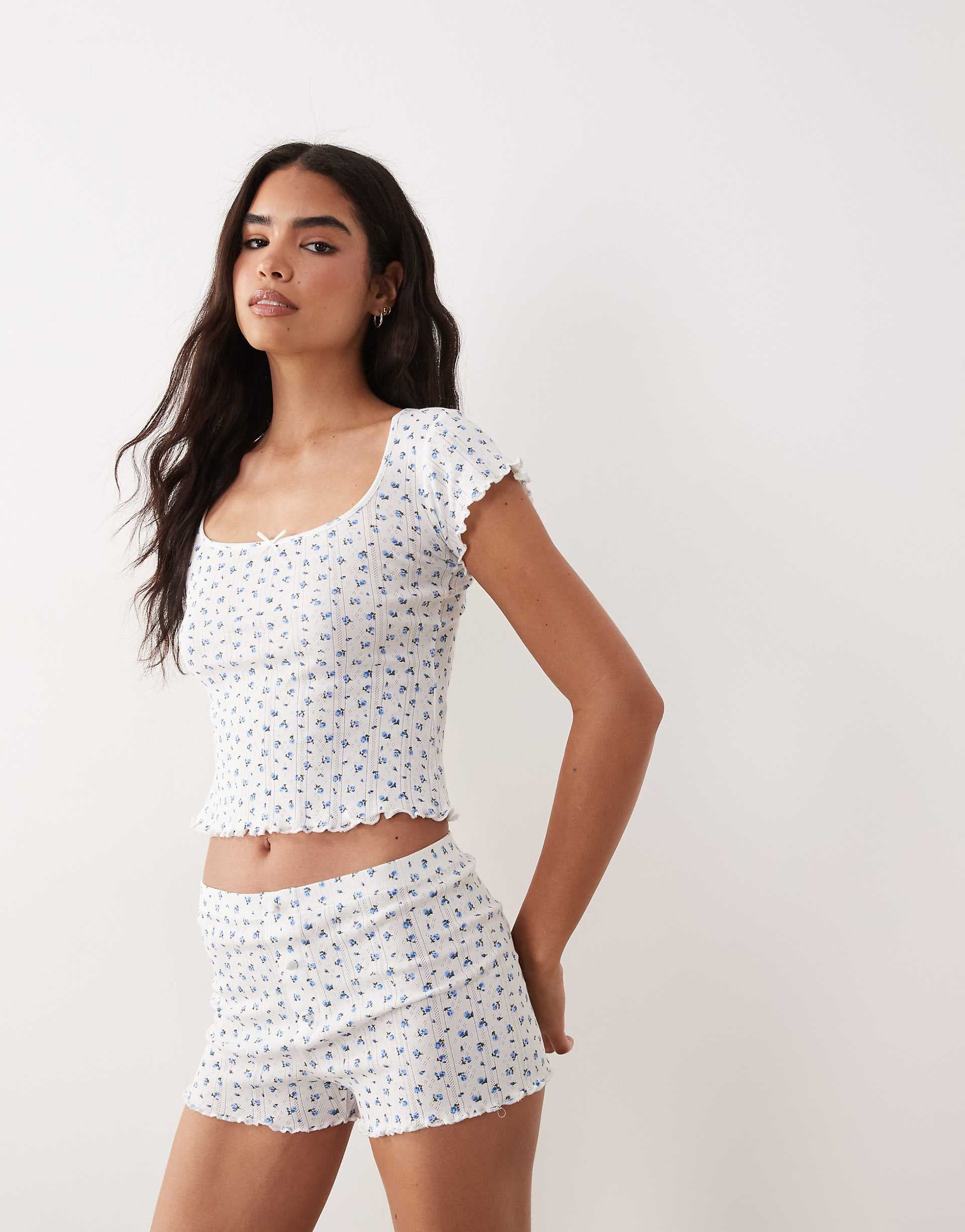 Brave Soul short sleeve pointelle shorts pajama set in ivory and blue floral print