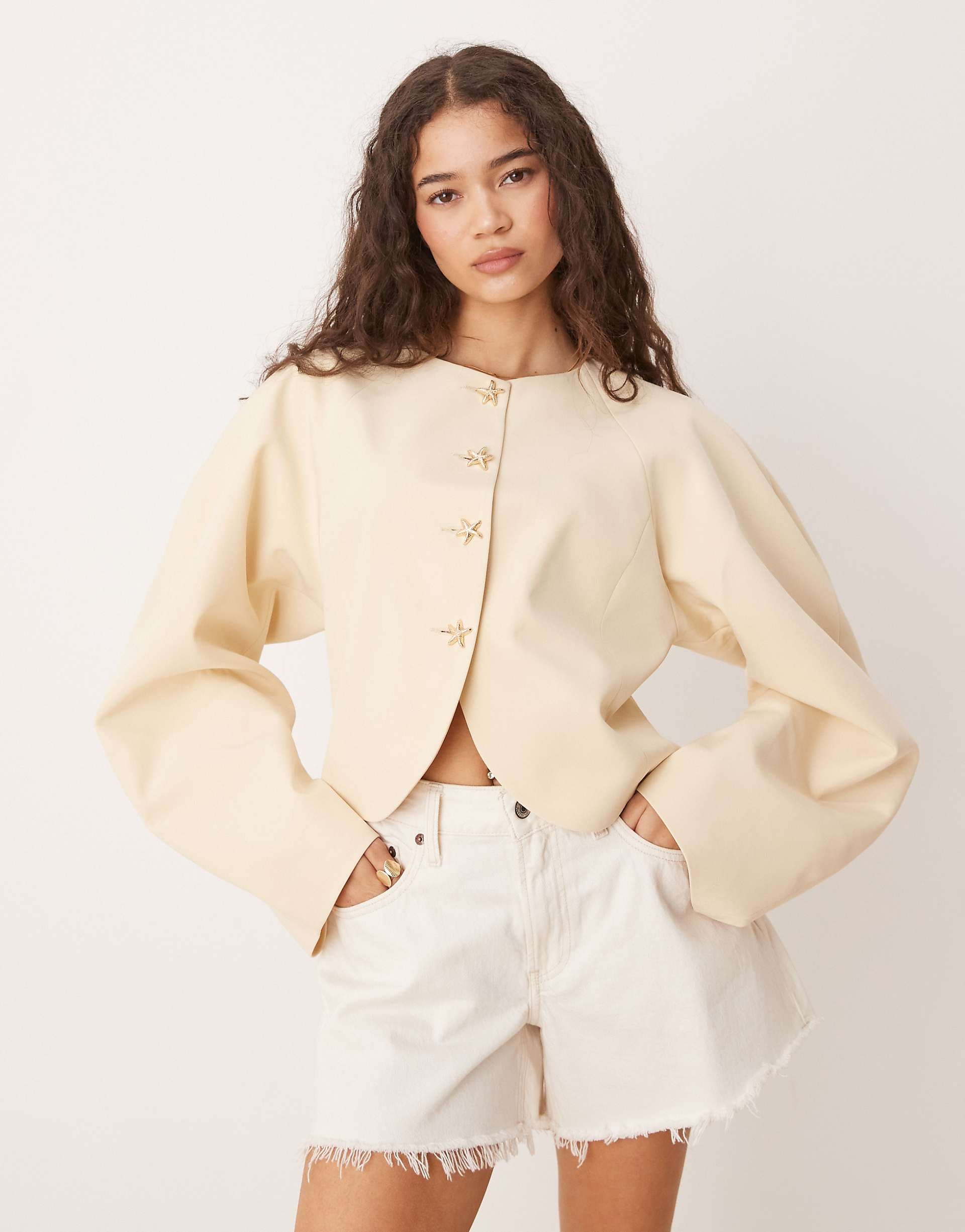 ASOS DESIGN high neck cocoon sleeve blazer with gold starfish buttons in buttermilk
