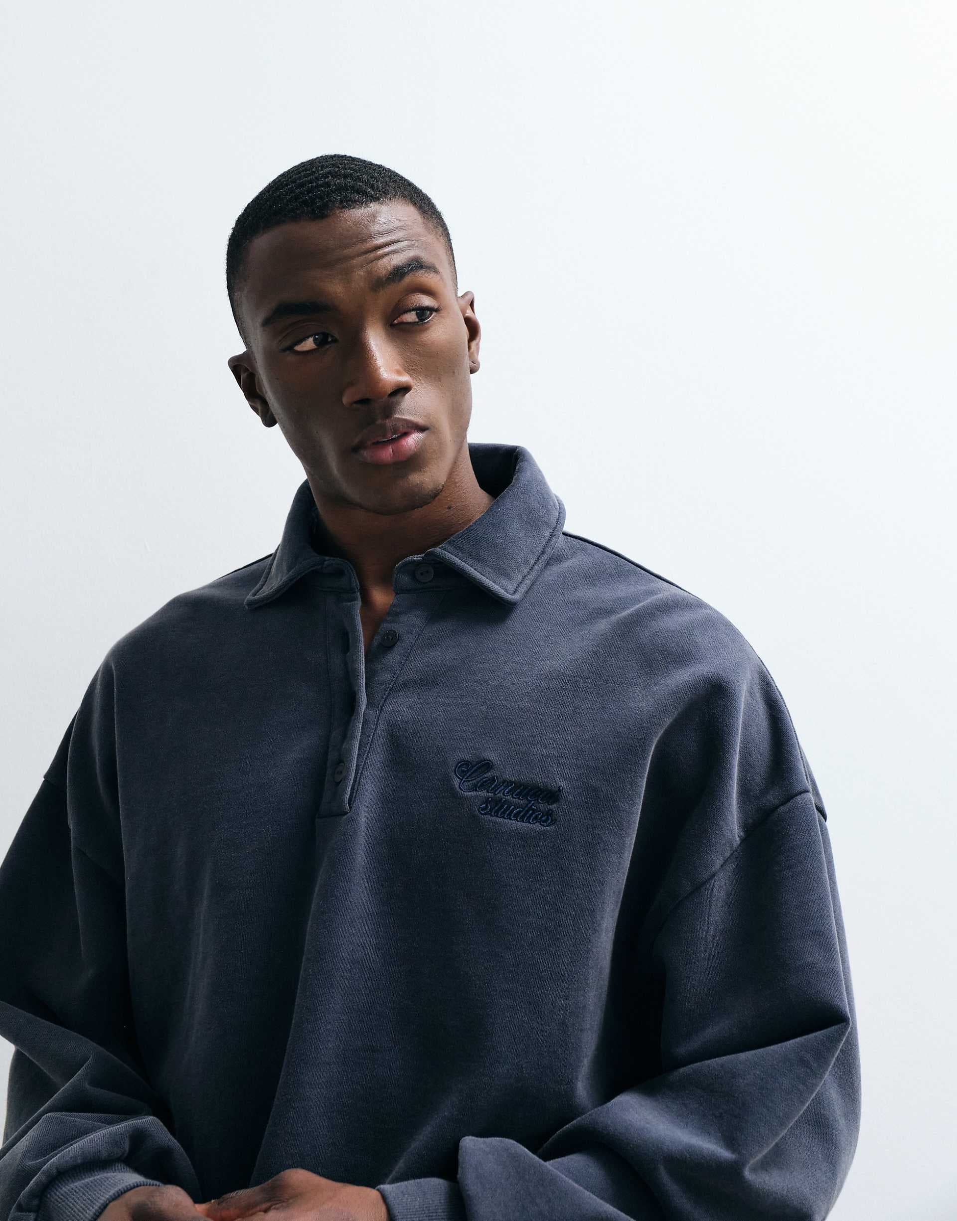 Cernucci 100% cotton long sleeve oversized logo rugby polo in navy