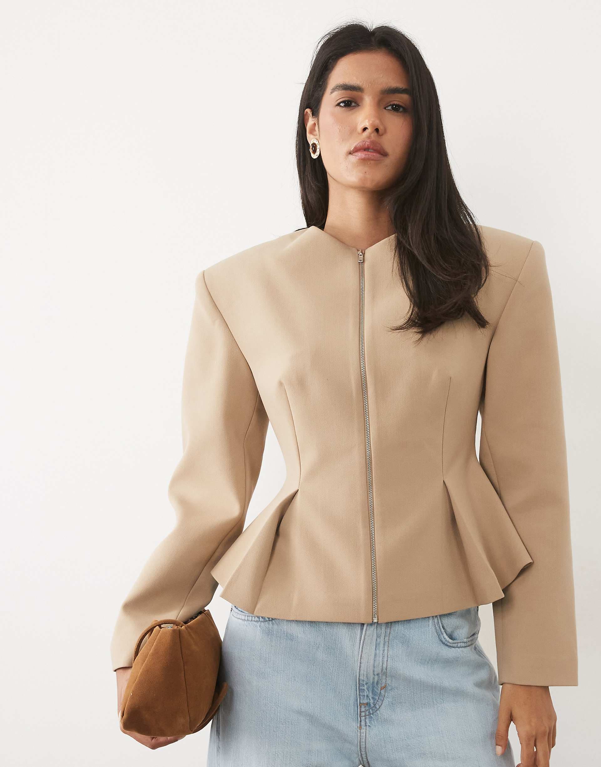 Miss Selfridge tailored power shoulder peplum blazer in neutral