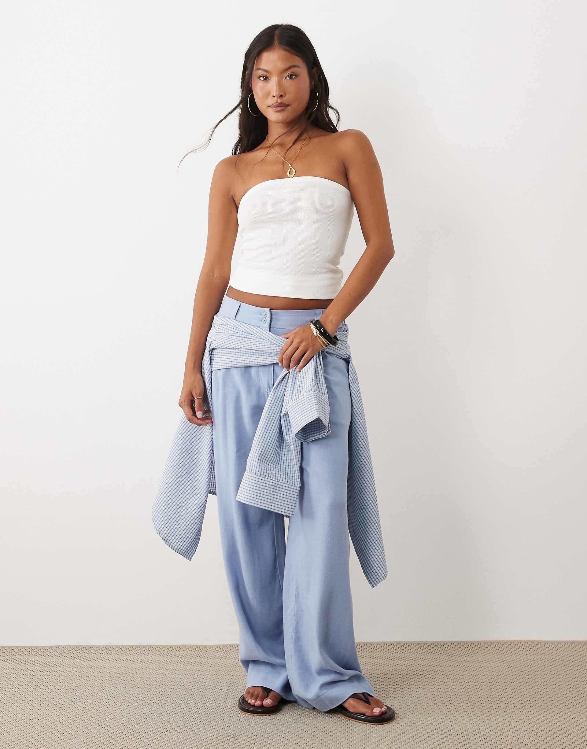 ASOS DESIGN Petite linen blend wide leg pants with pleated detailing in blue