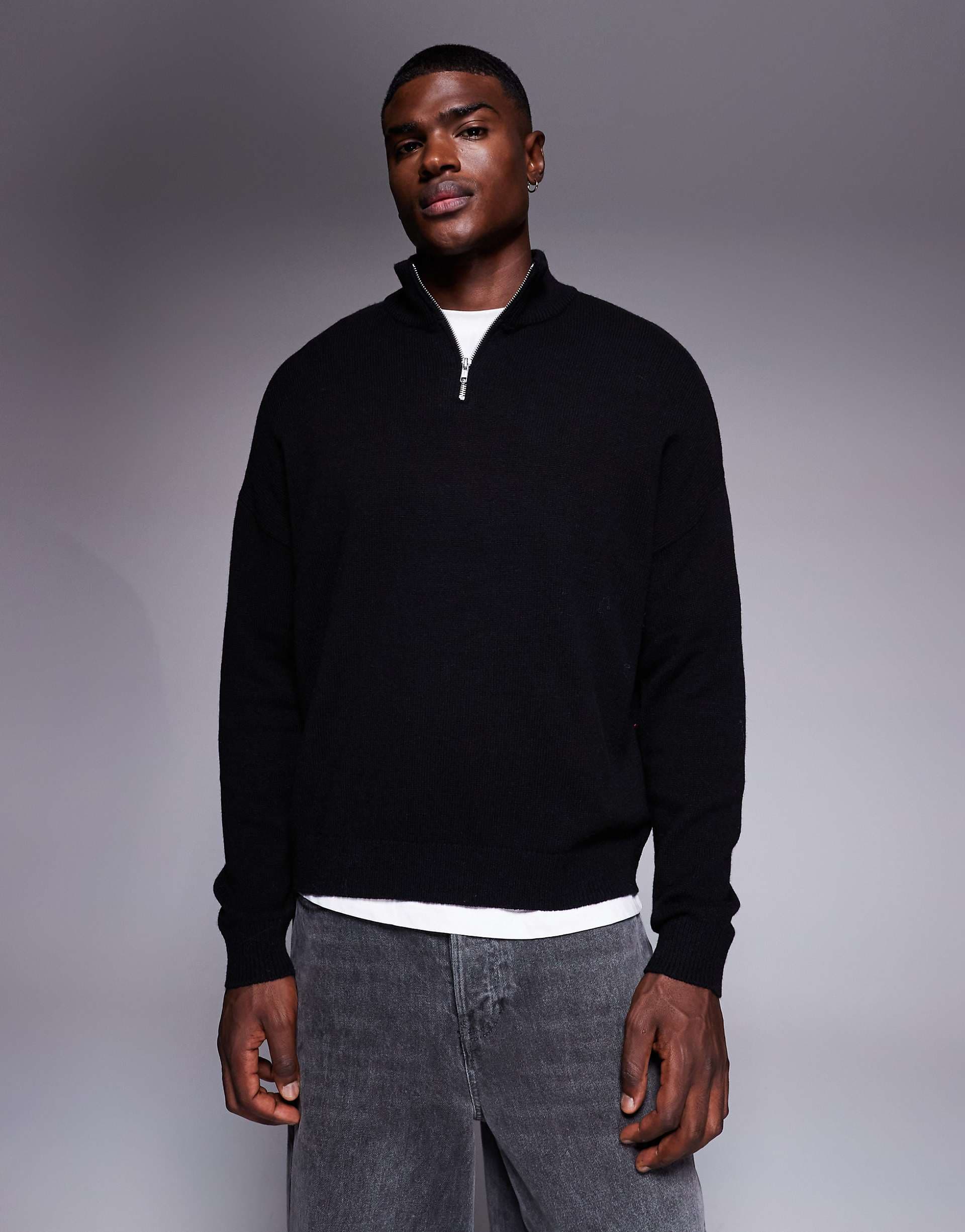ASOS DESIGN oversized knit lambswool blend half zip sweater in black