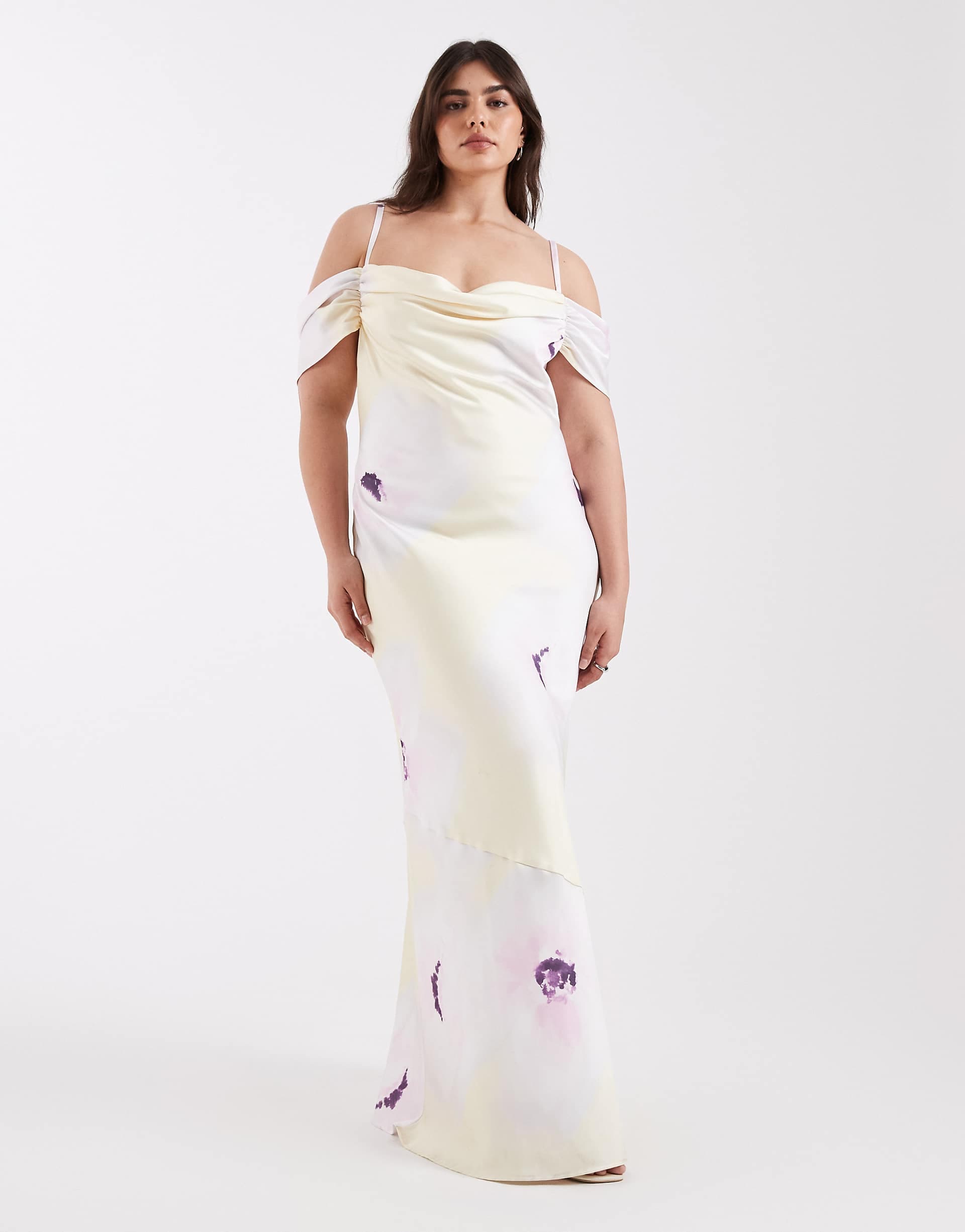 Pretty Lavish Curve satin cold shoulders cami maxi dress in lilac and yellow floral