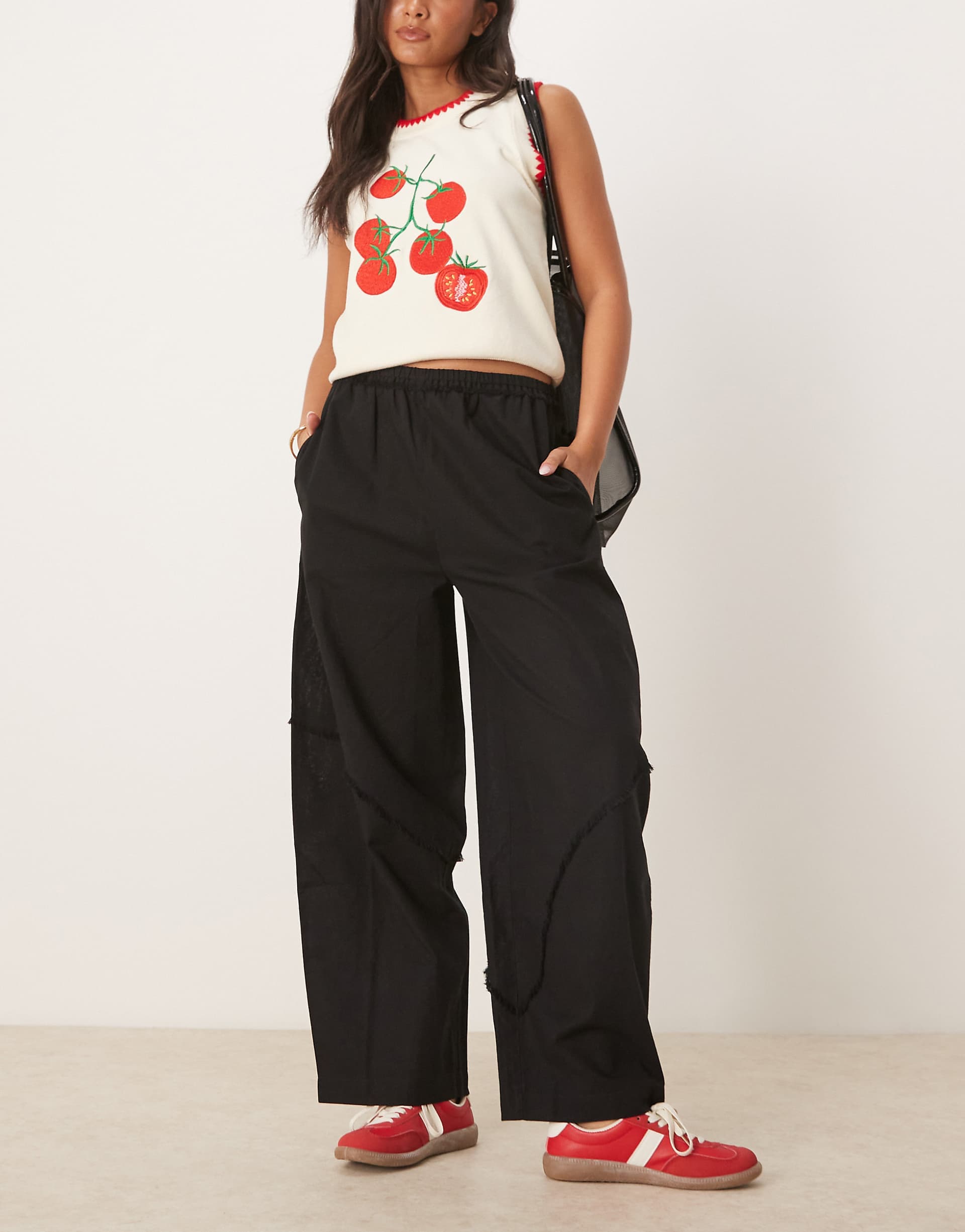 ASOS DESIGN linen blend pull on barrel leg pants with raw seam details in black