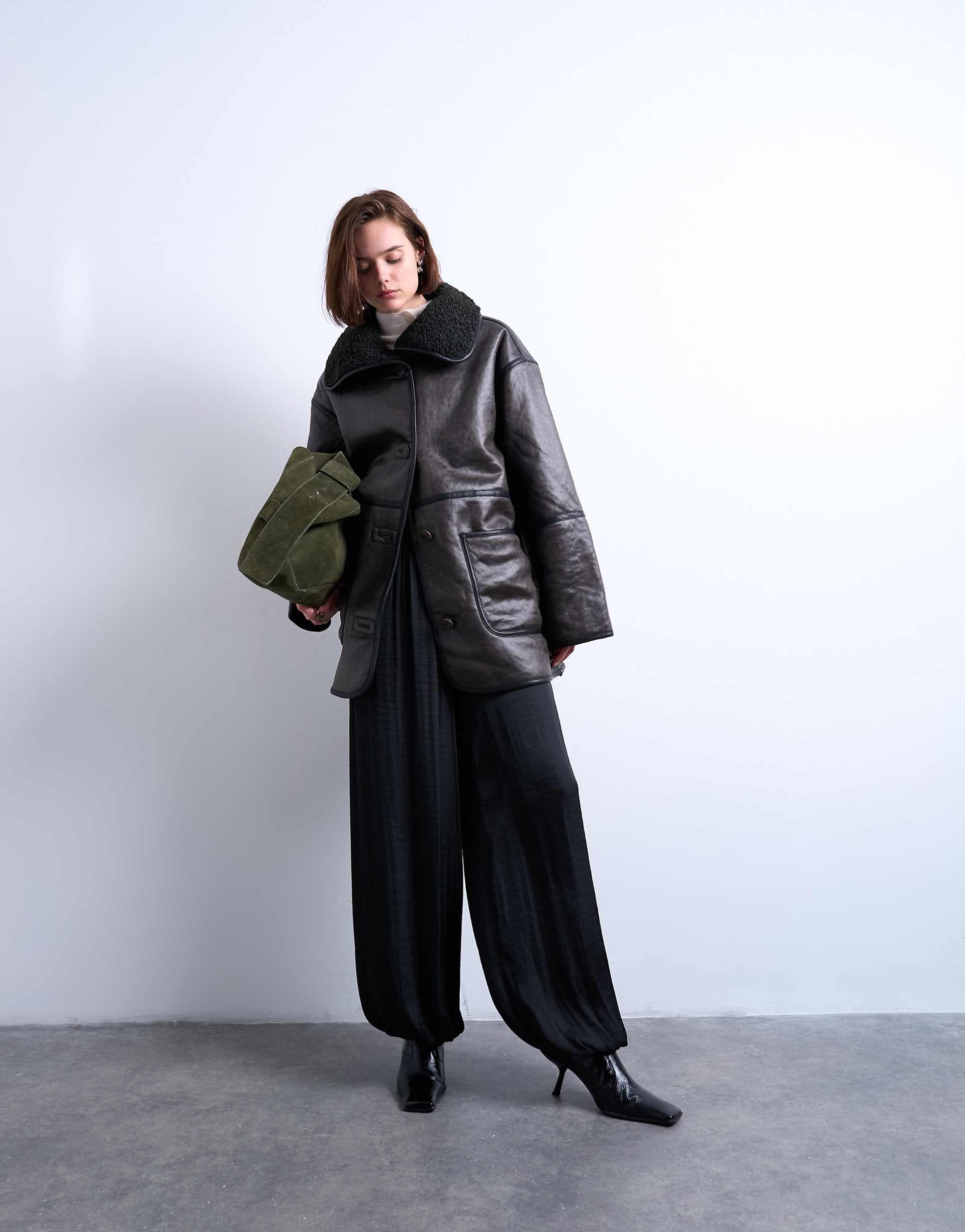 Topshop faux shearling oversized patch pockets mid length car coat in black