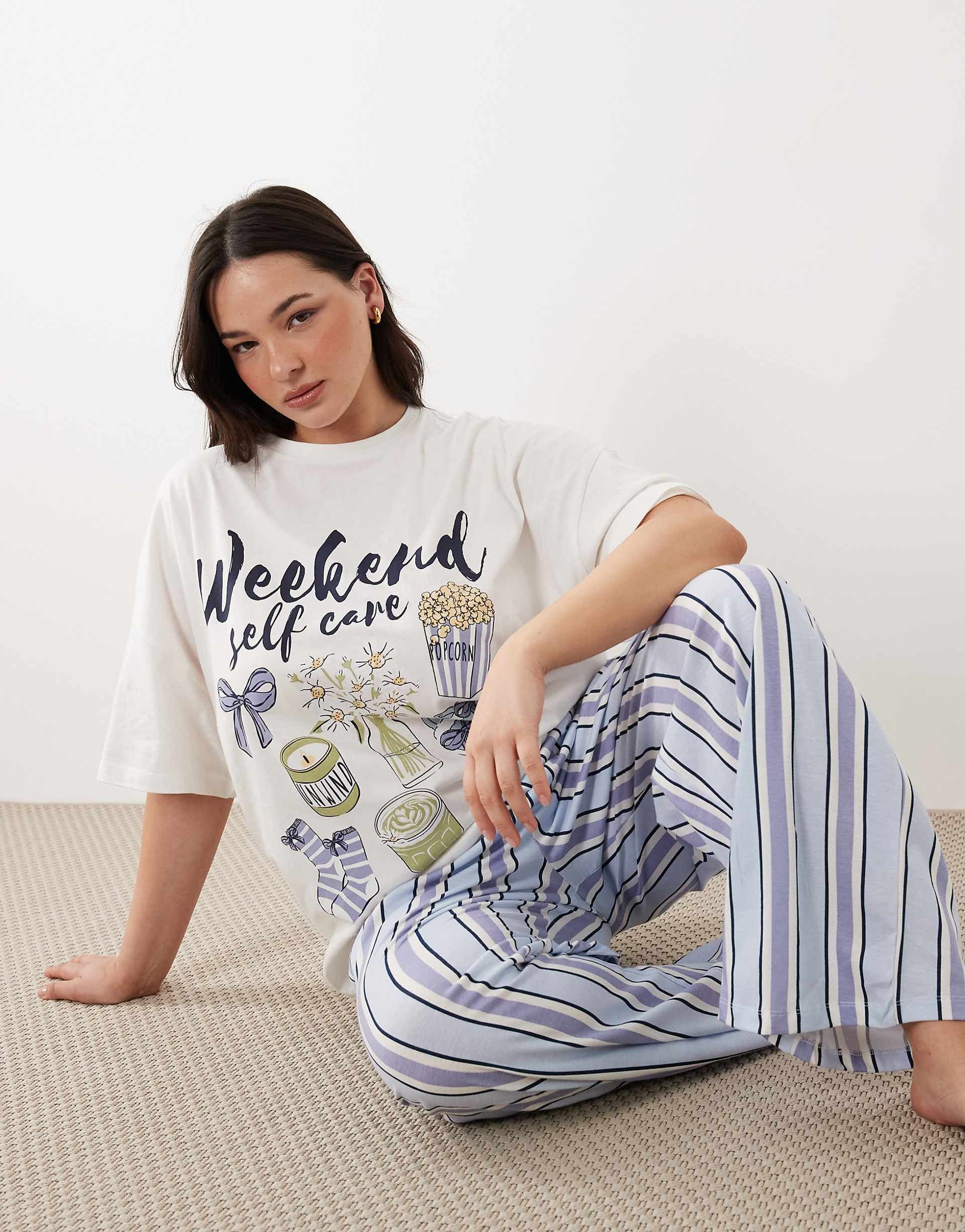ASOS DESIGN Curve oversized tee & wide leg pants pajama set in weekend self care graphic