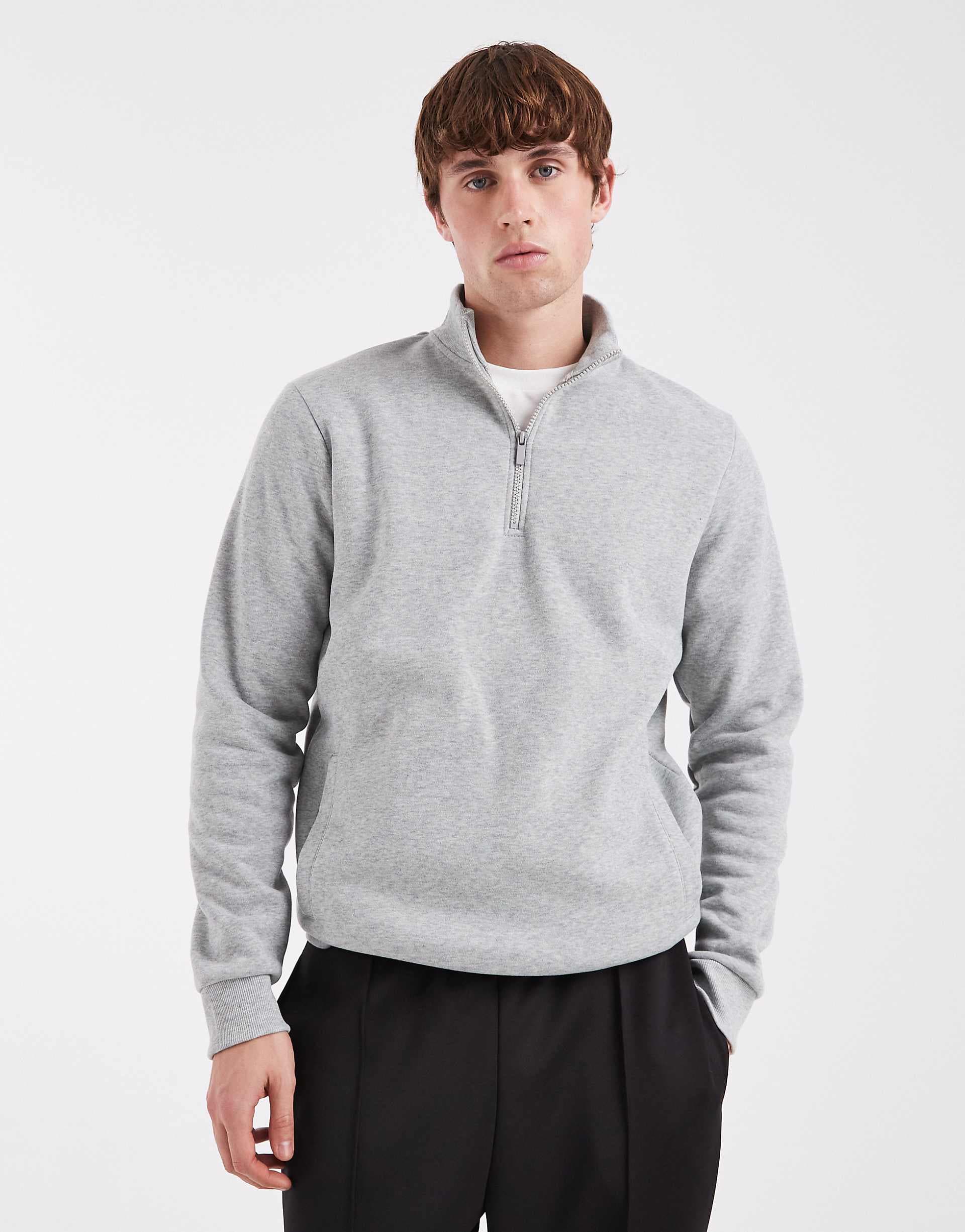 Brave Soul quarter zip funnel neck sweatshirt in heather gray
