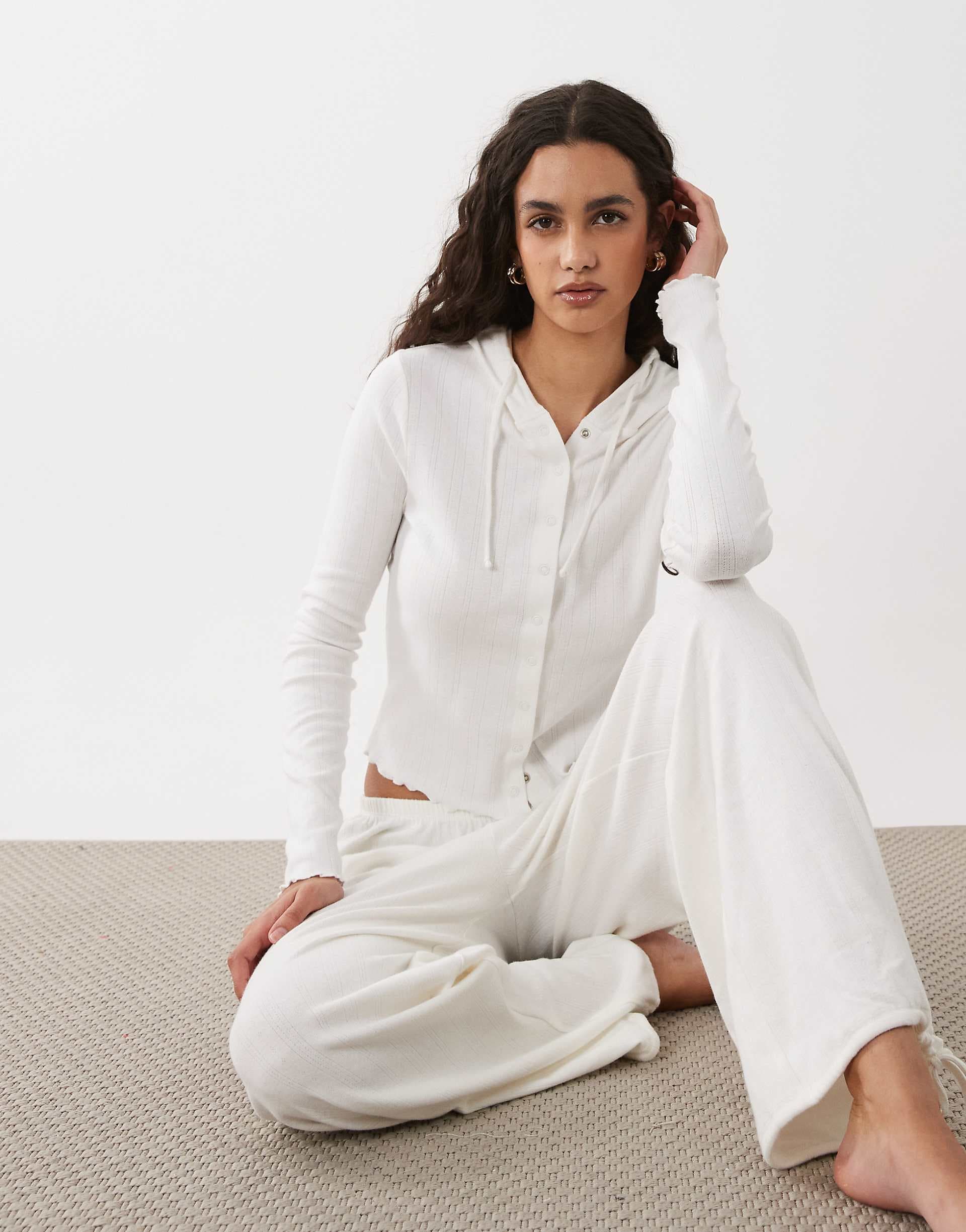 Cotton On lounge pointelle hooded cardigan and pants in coconut milk