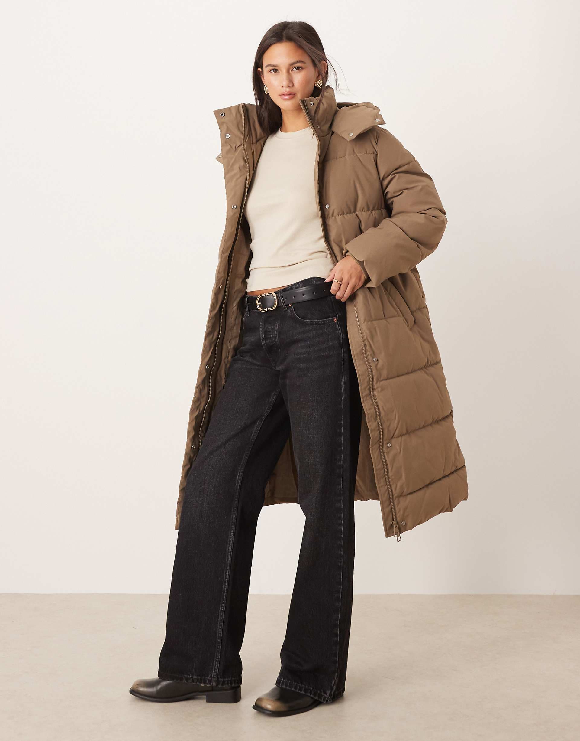 JDY longline padded coat in brown
