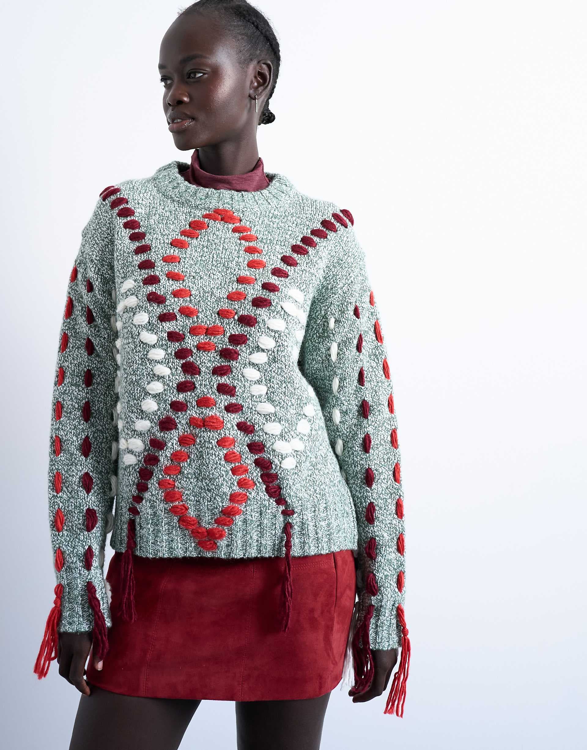 Topshop knit argyle embroidered sweater in green