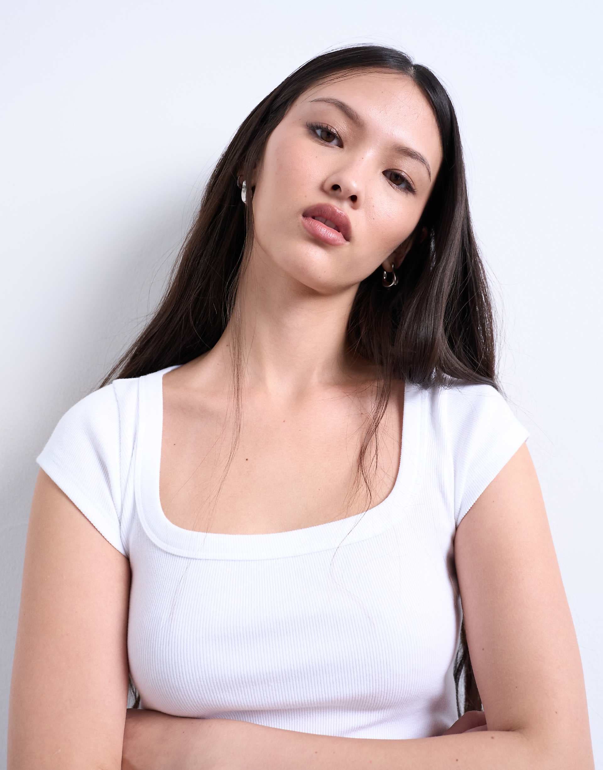 Topshop square neck rib knit cap sleeve tee in white
