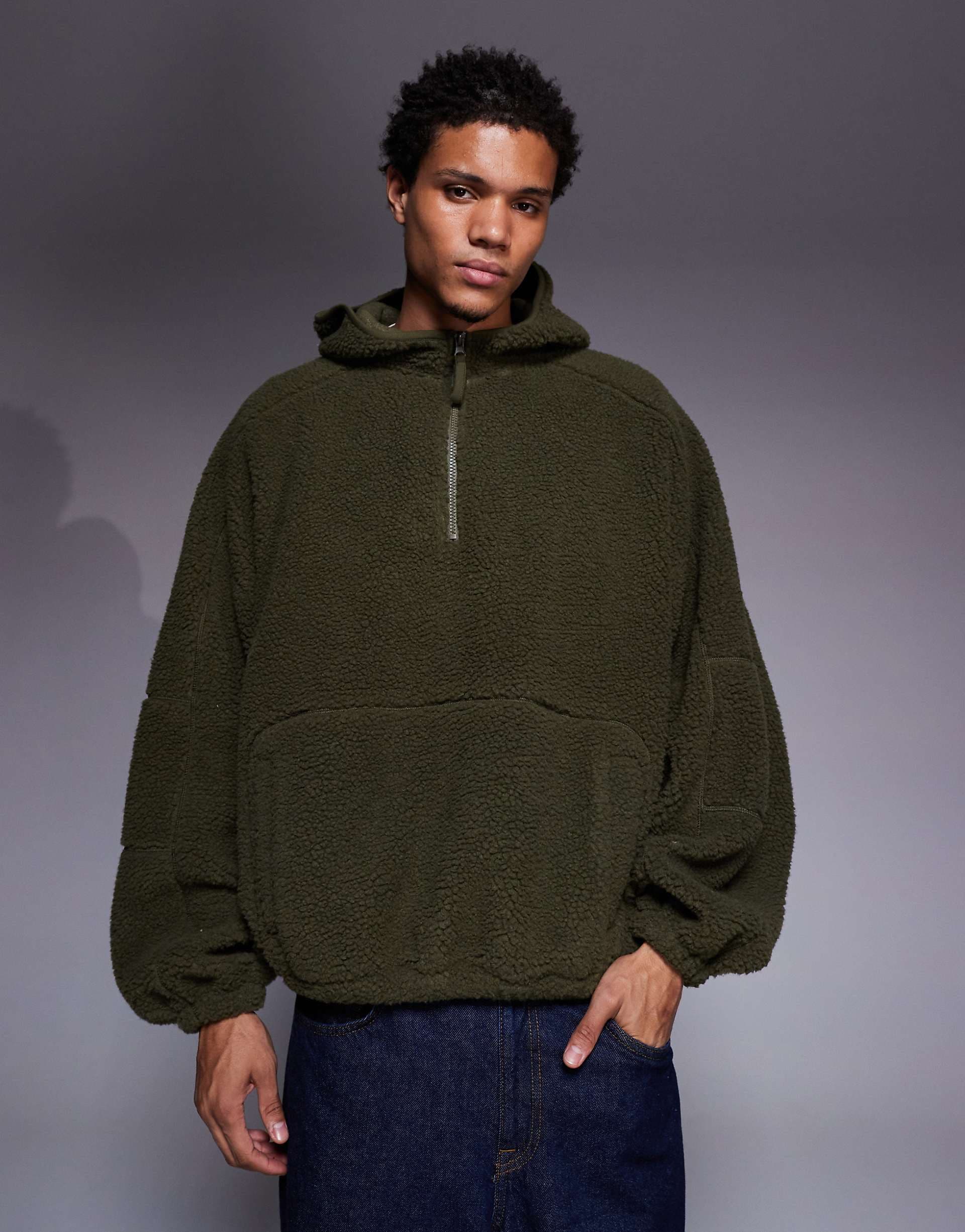 ASOS DESIGN extreme oversized quarter zip funnel neck hoodie in fleece in dark green