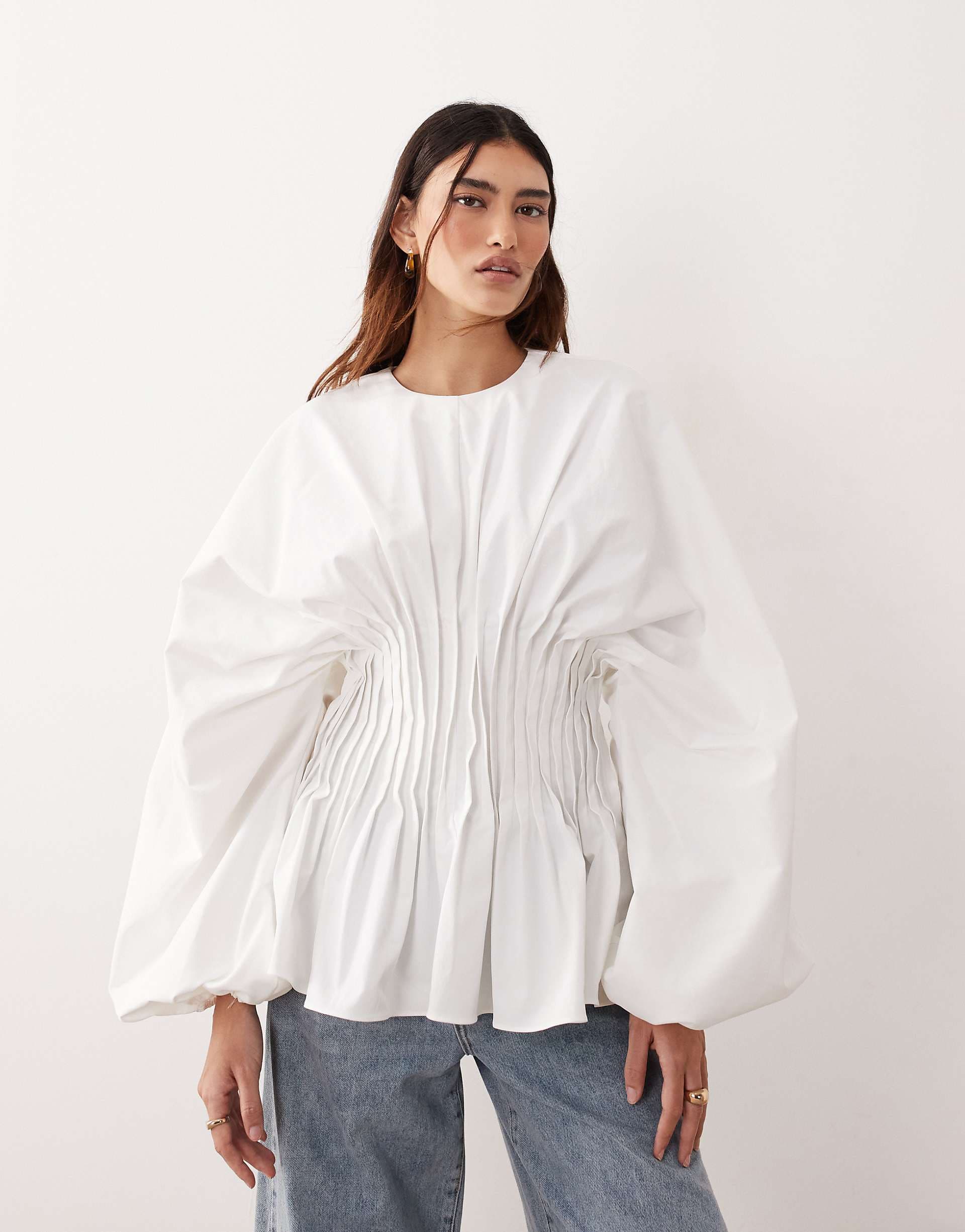 ARRANGE volume sleeve pleated cinched waist top in white