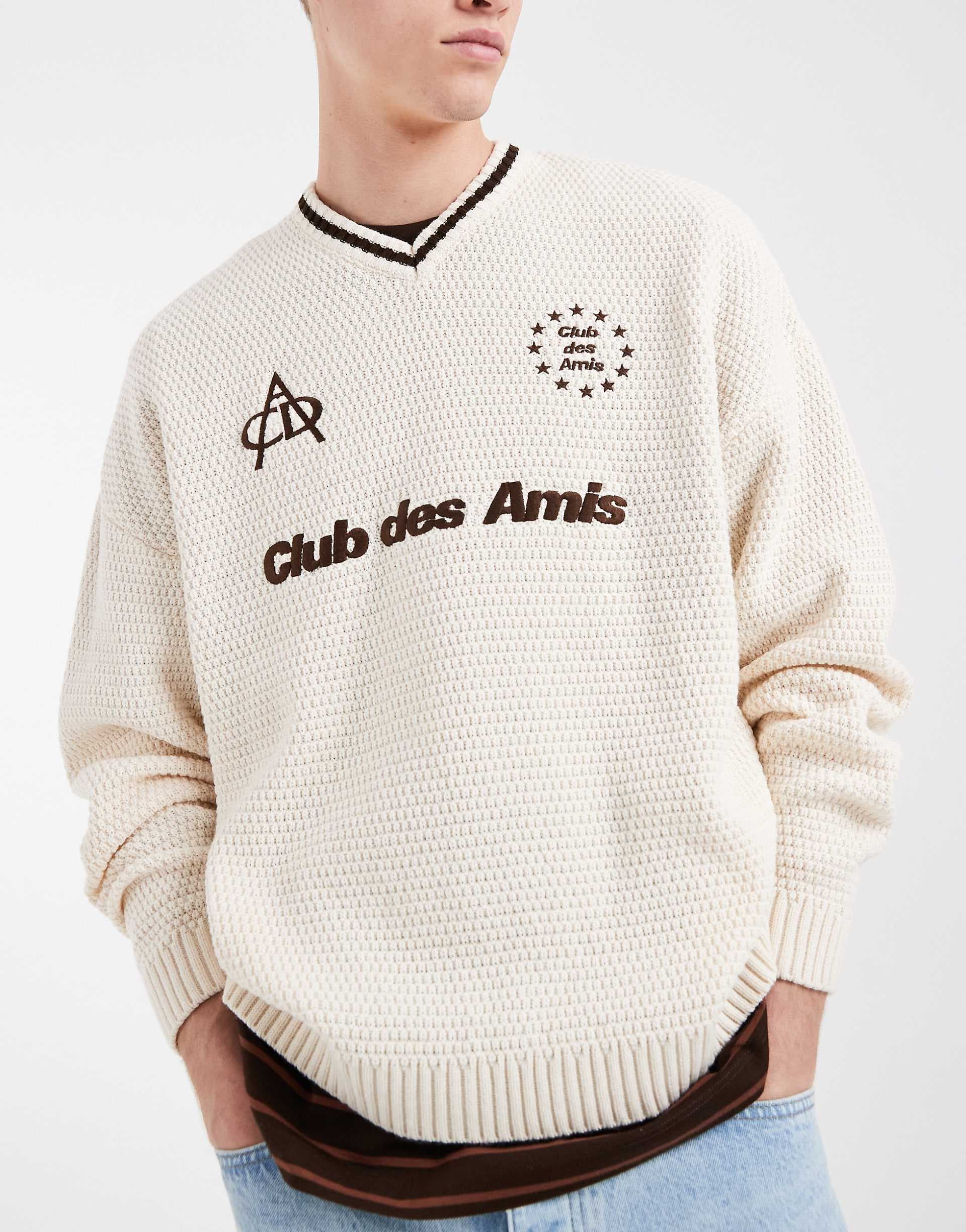 ASOS DESIGN oversized knit sweater with Club des Amis graphic in ecru