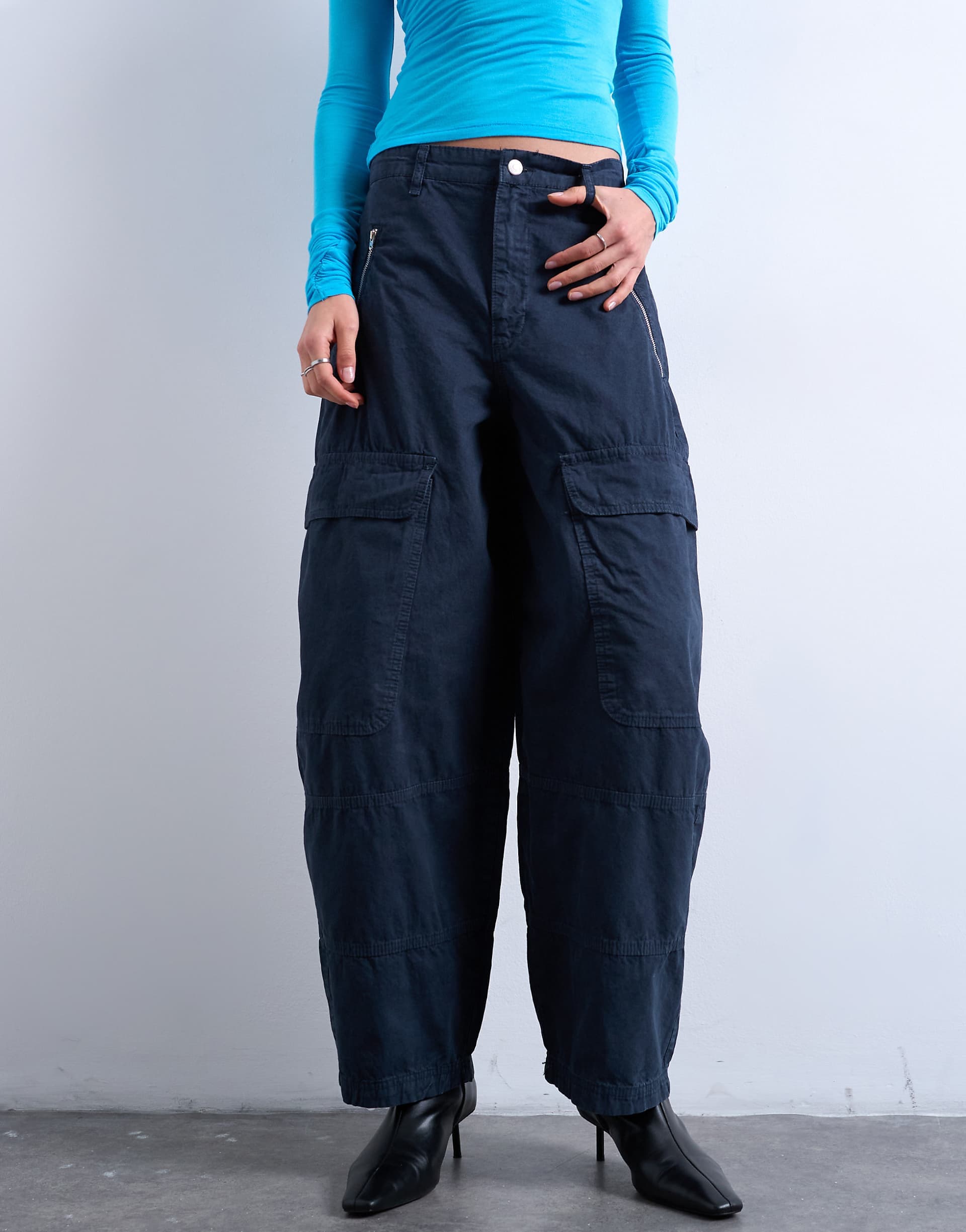 Topshop balloon cargo pants with zipper and pocket details in charcoal