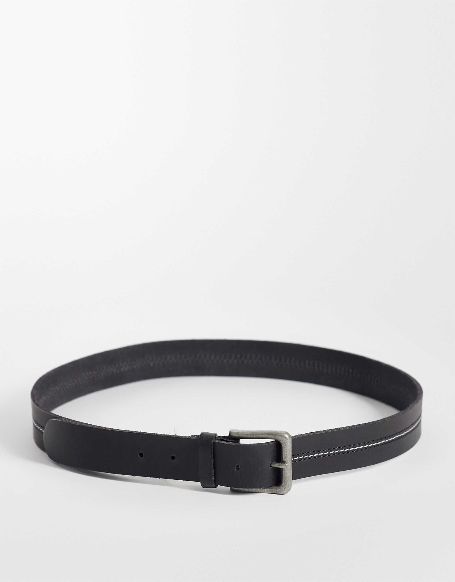 Jack & Jones leather belt with stitch detail in black