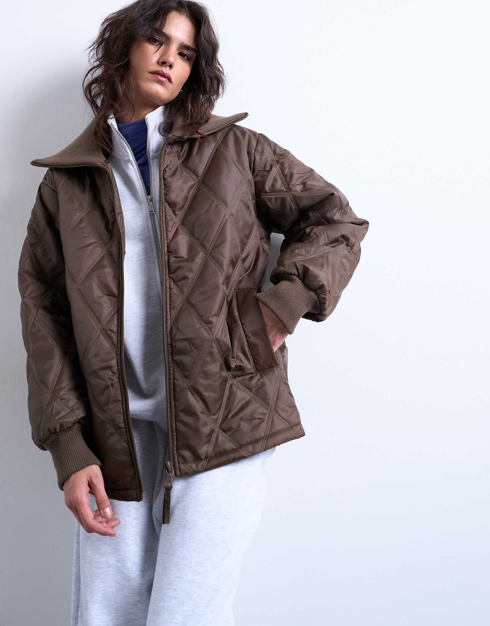 Topshop spread ribbed collar liner jacket in chocolate