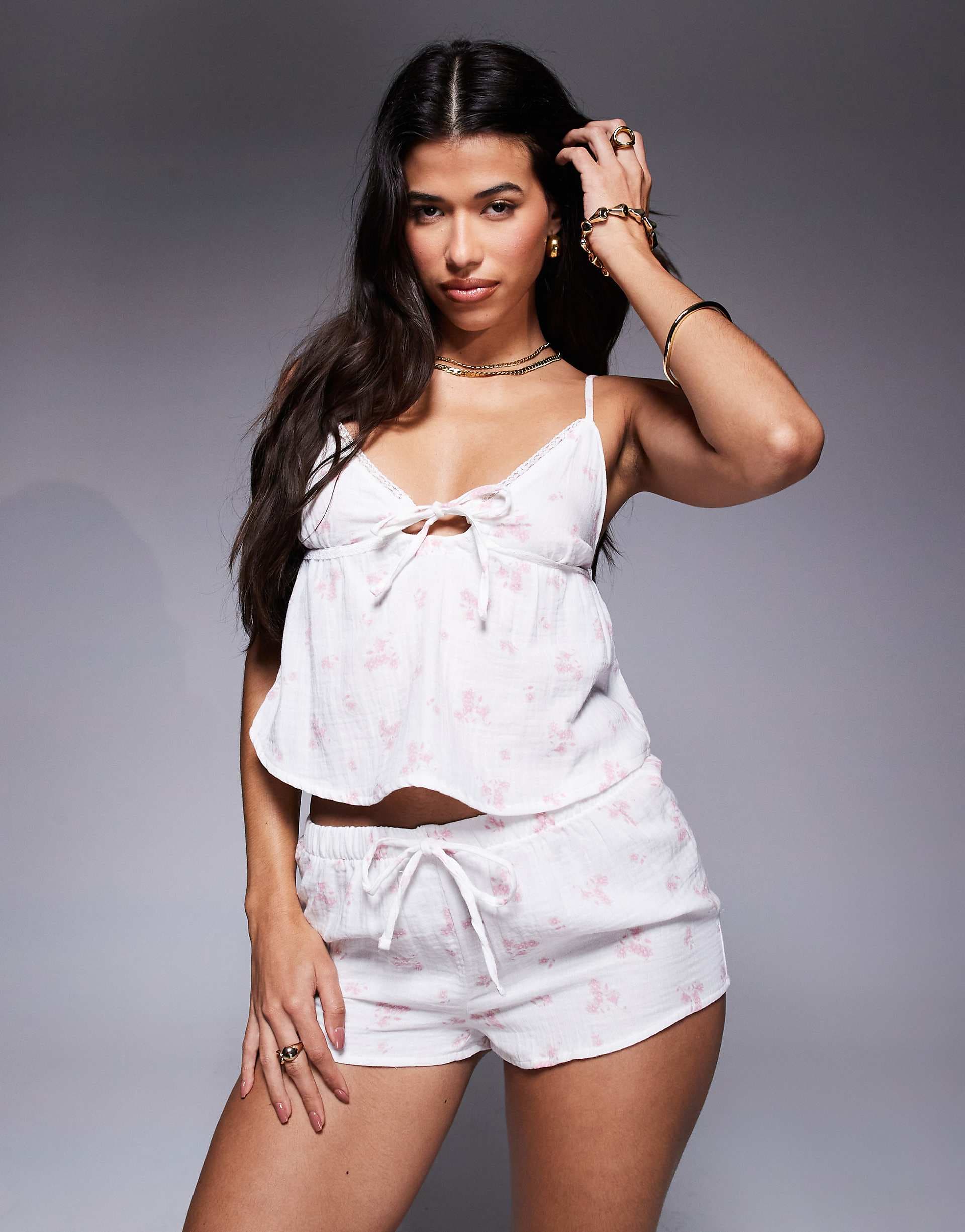Boux Avenue vintage floral print cheesecloth cami and shorts set in white