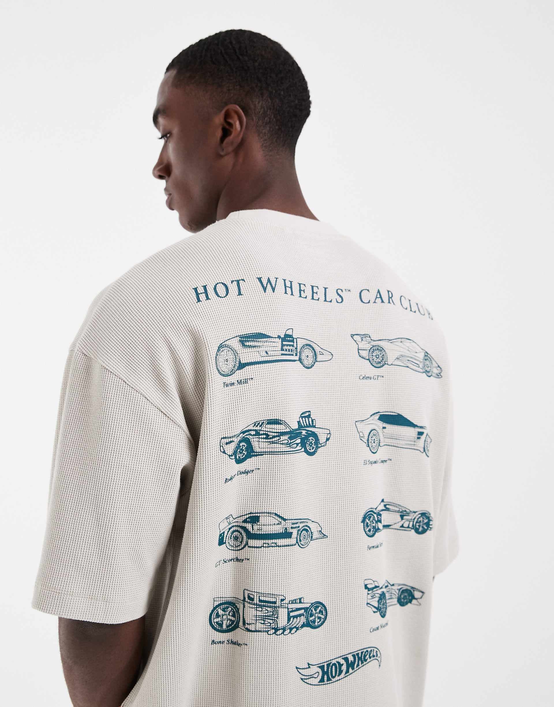 ASOS DESIGN oversized waffle t-shirt with Hot Wheels print in stone