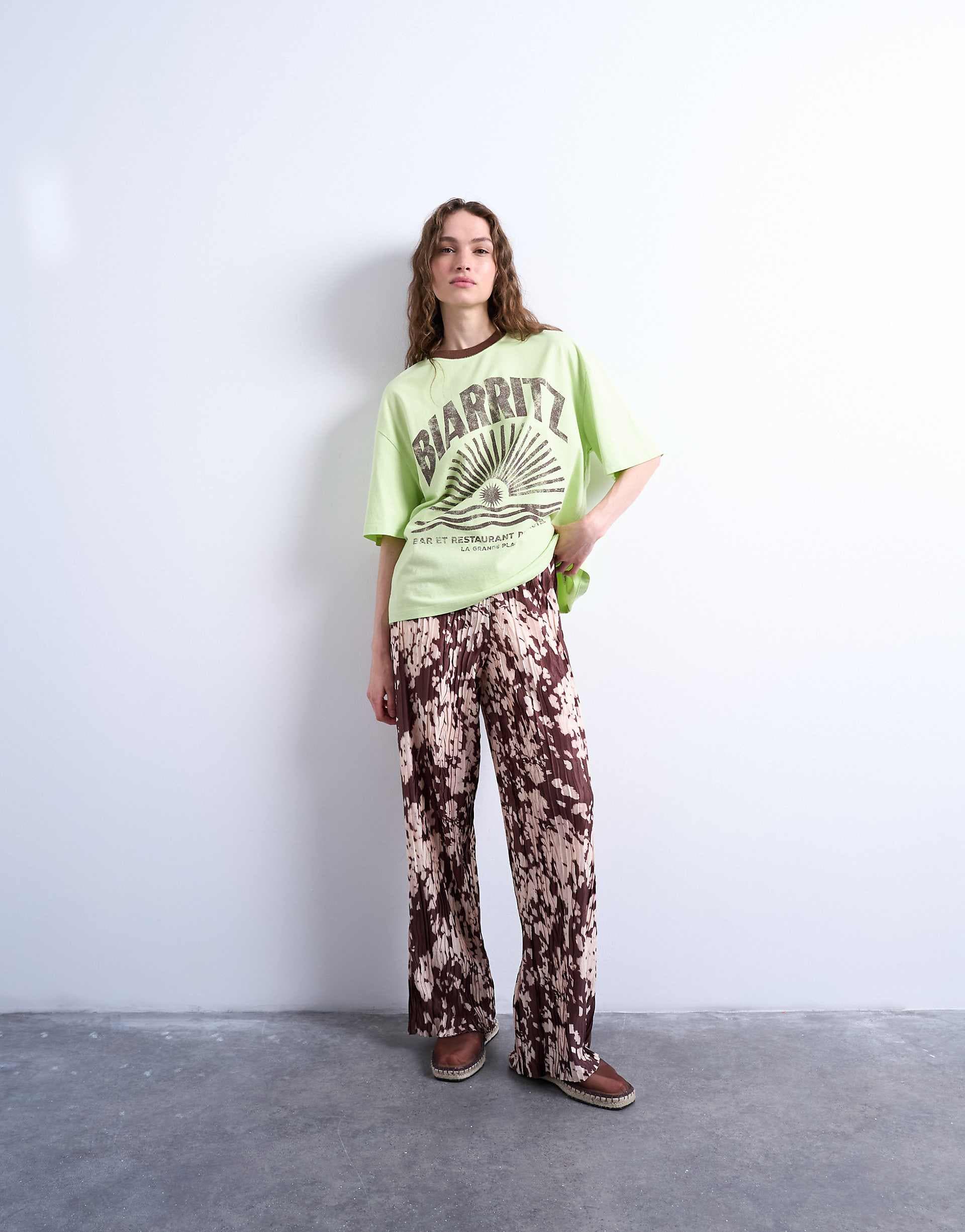Topshop abstract animal print plisse pants in brown