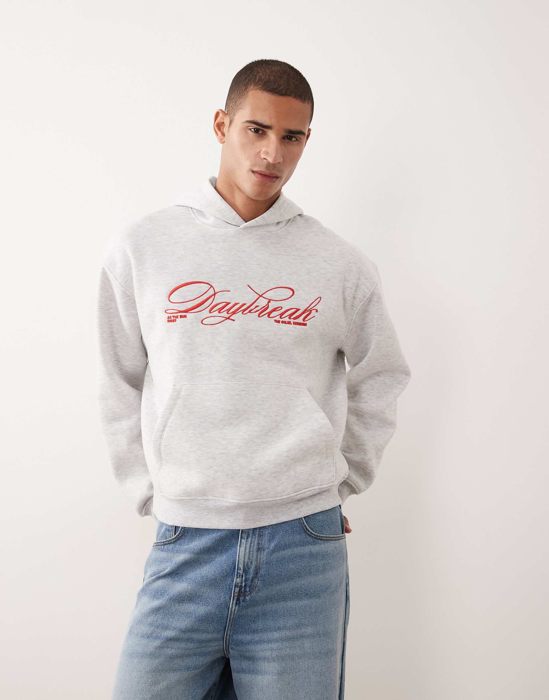 ASOS DESIGN oversized boxy hoodie with embroidery print in gray