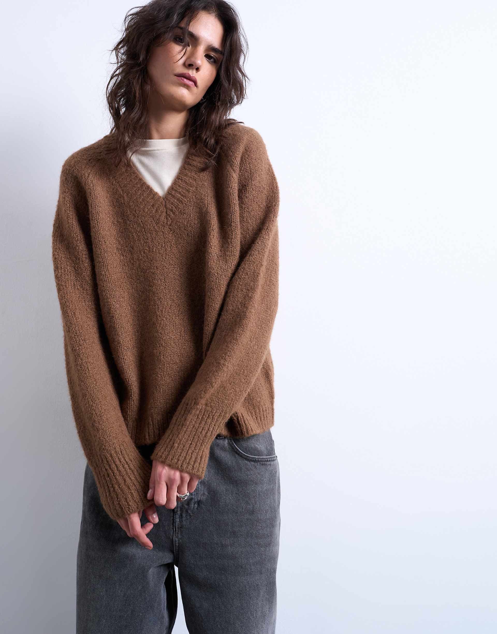 Topshop knit wool blend fluffy v neck sweater in brown