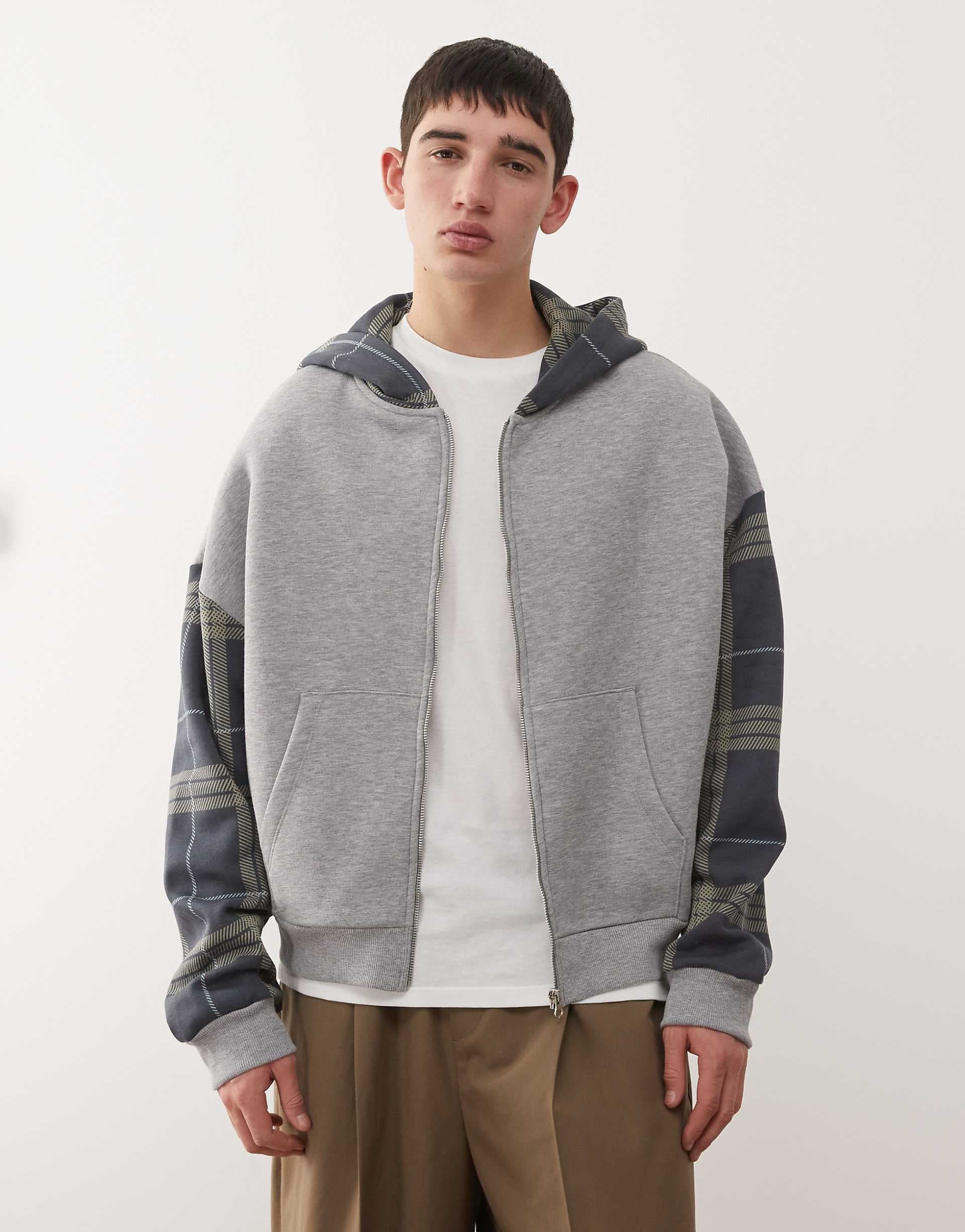 COLLUSION boxy hoodie in gray with paneled sleeves in plaid