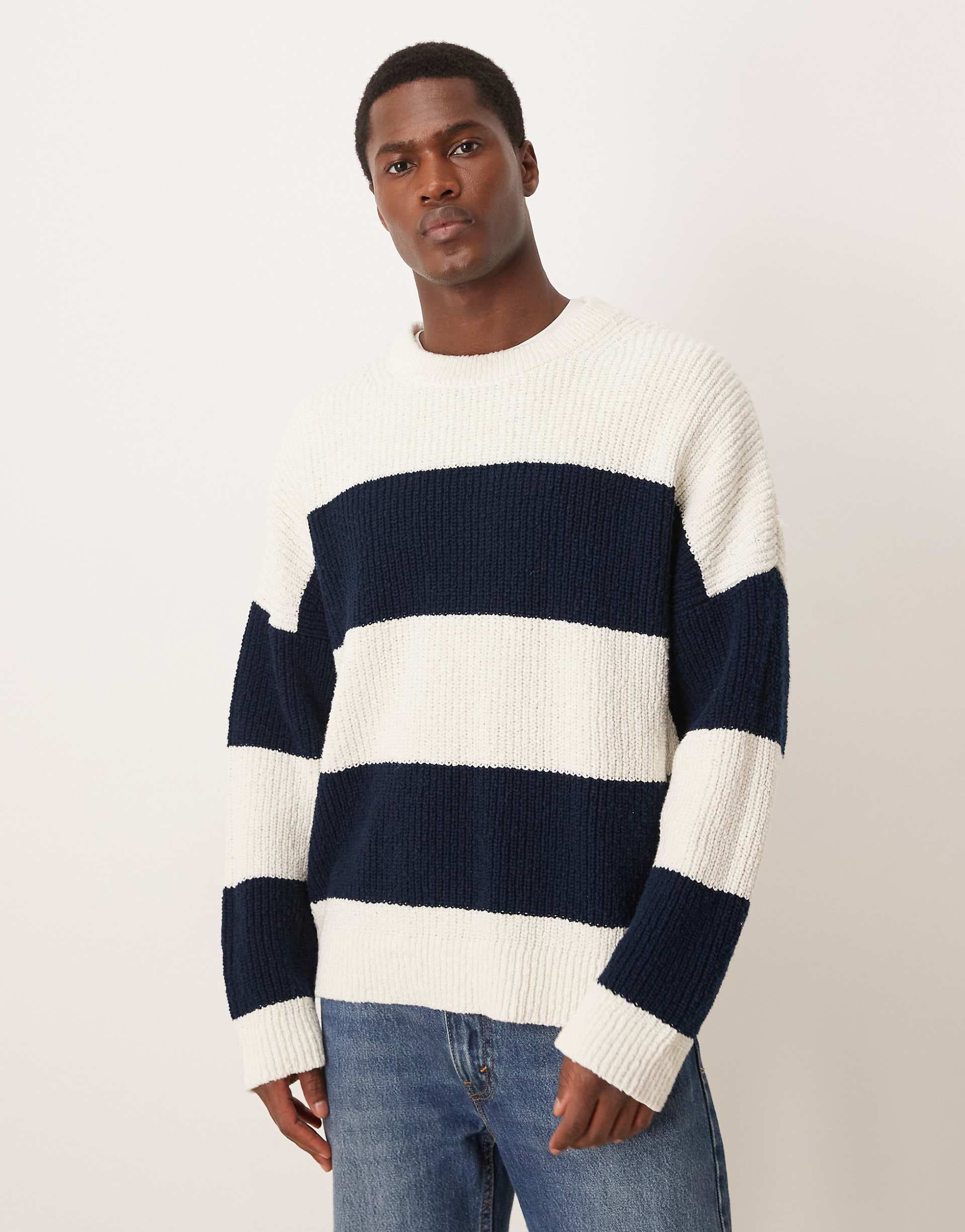 ARKET pure cotton breton striped crew neck sweater in white and navy