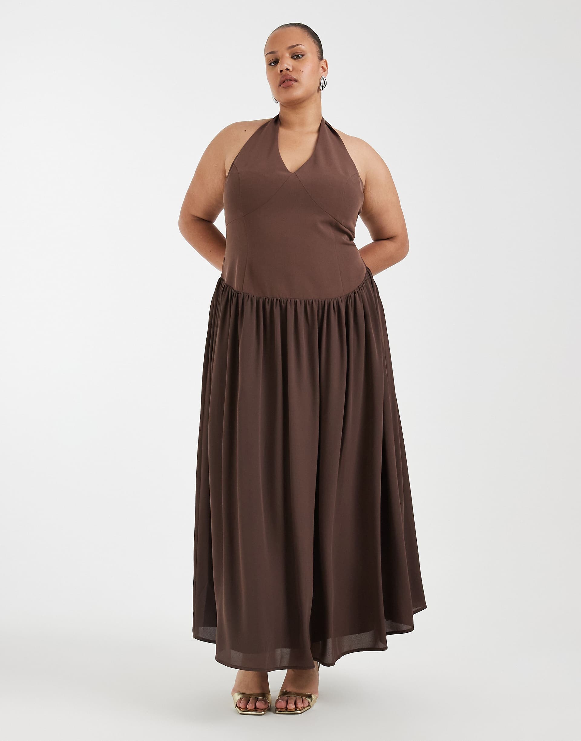 Pretty Lavish Curve Isadora dropped waist fitted halter neck maxi dress in brown
